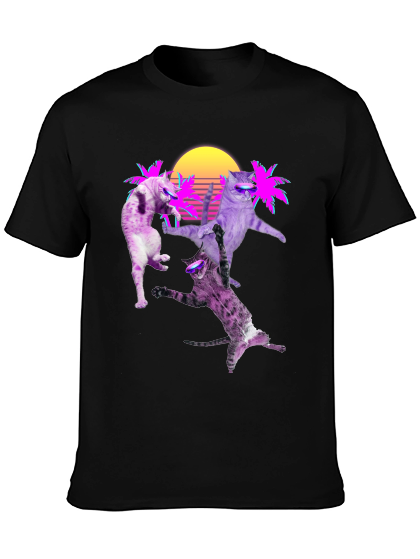 Retro Cats T-Shirt - Neon Palm & Sunset Design