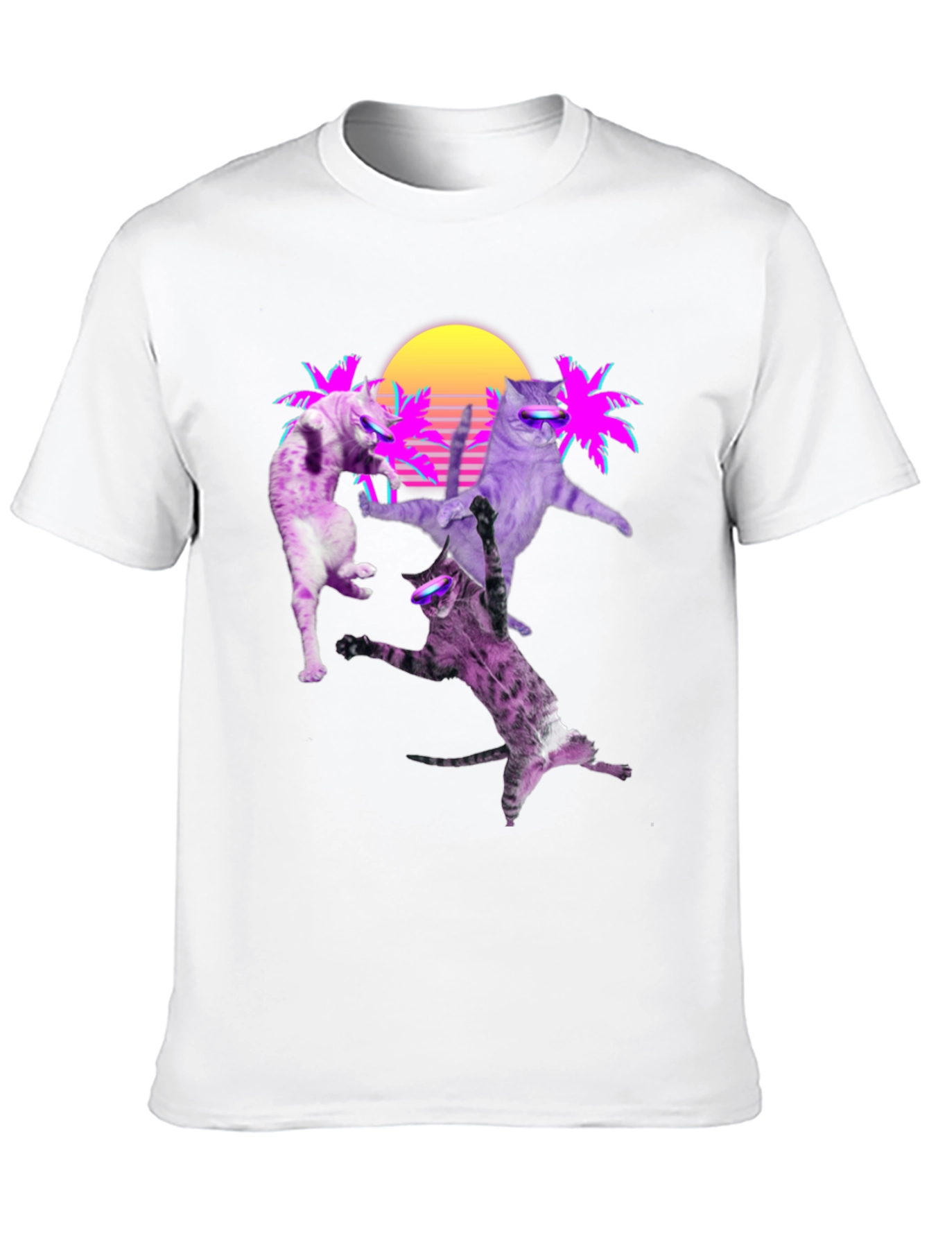 Retro Cats T-Shirt - Neon Palm & Sunset Design