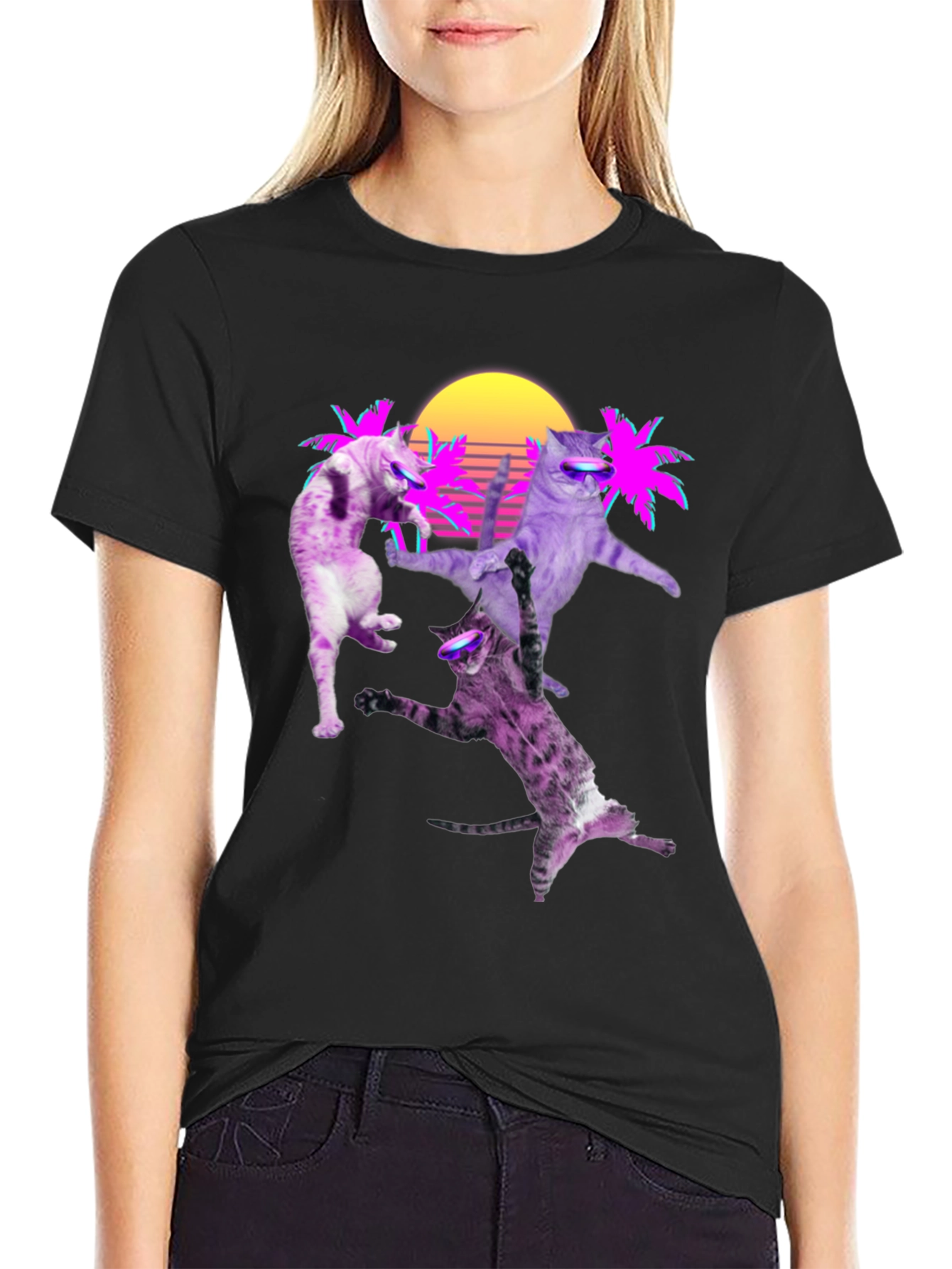 Retro Cats T-Shirt - Neon Palm & Sunset Design
