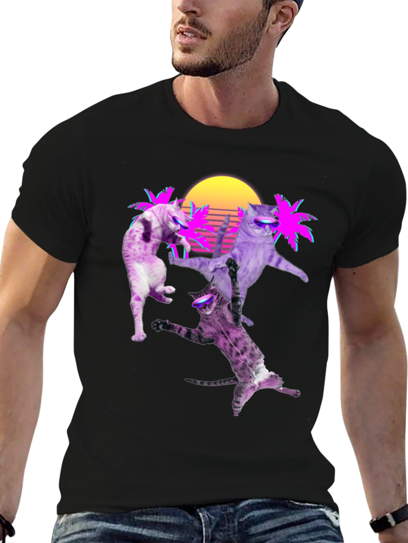 Retro Cats T-Shirt - Neon Palm & Sunset Design