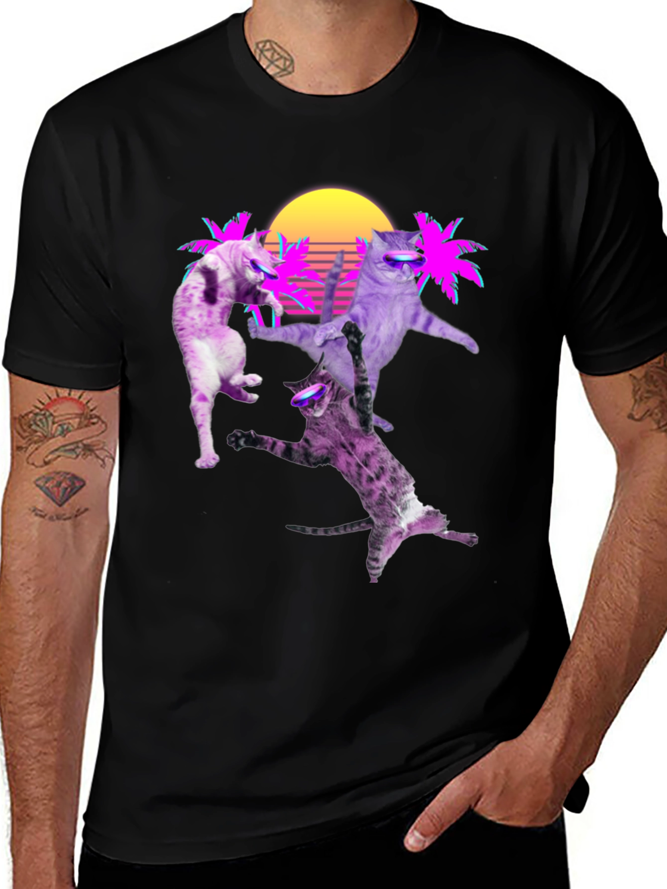 Retro Cats T-Shirt - Neon Palm & Sunset Design