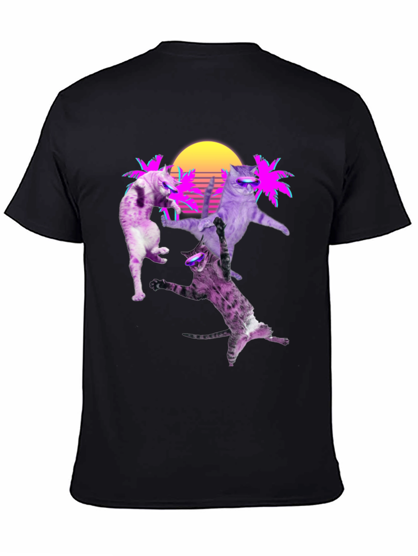 Retro Cats T-Shirt - Neon Palm & Sunset Design