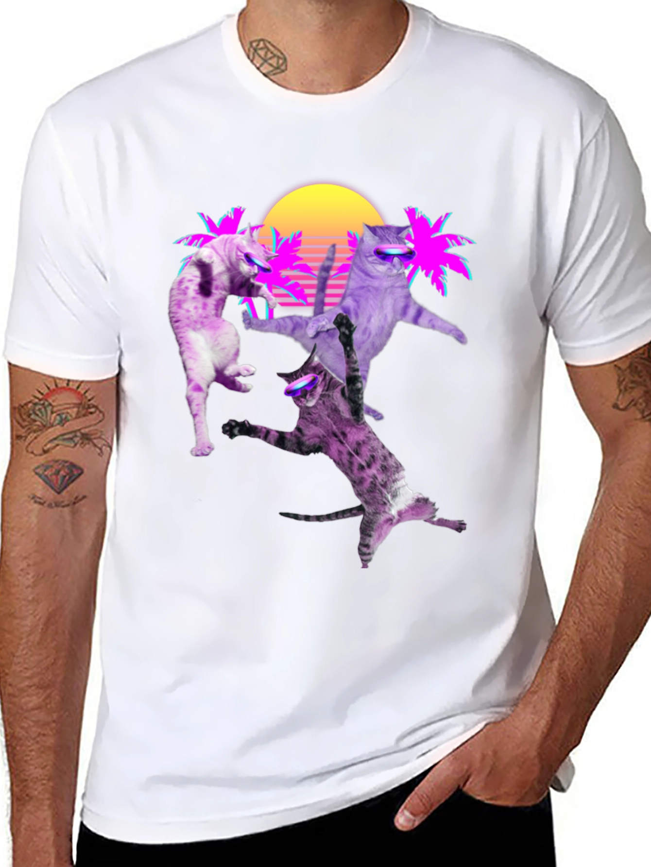 Retro Cats T-Shirt - Neon Palm & Sunset Design