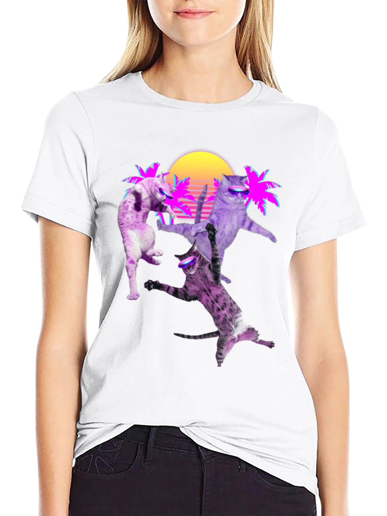 Retro Cats T-Shirt - Neon Palm & Sunset Design