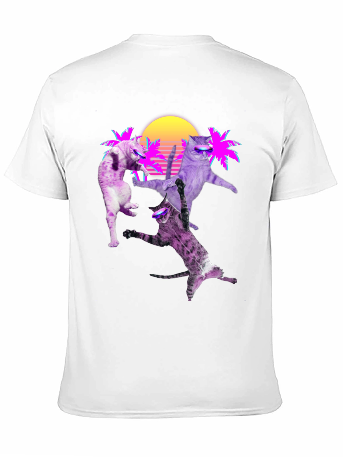 Retro Cats T-Shirt - Neon Palm & Sunset Design