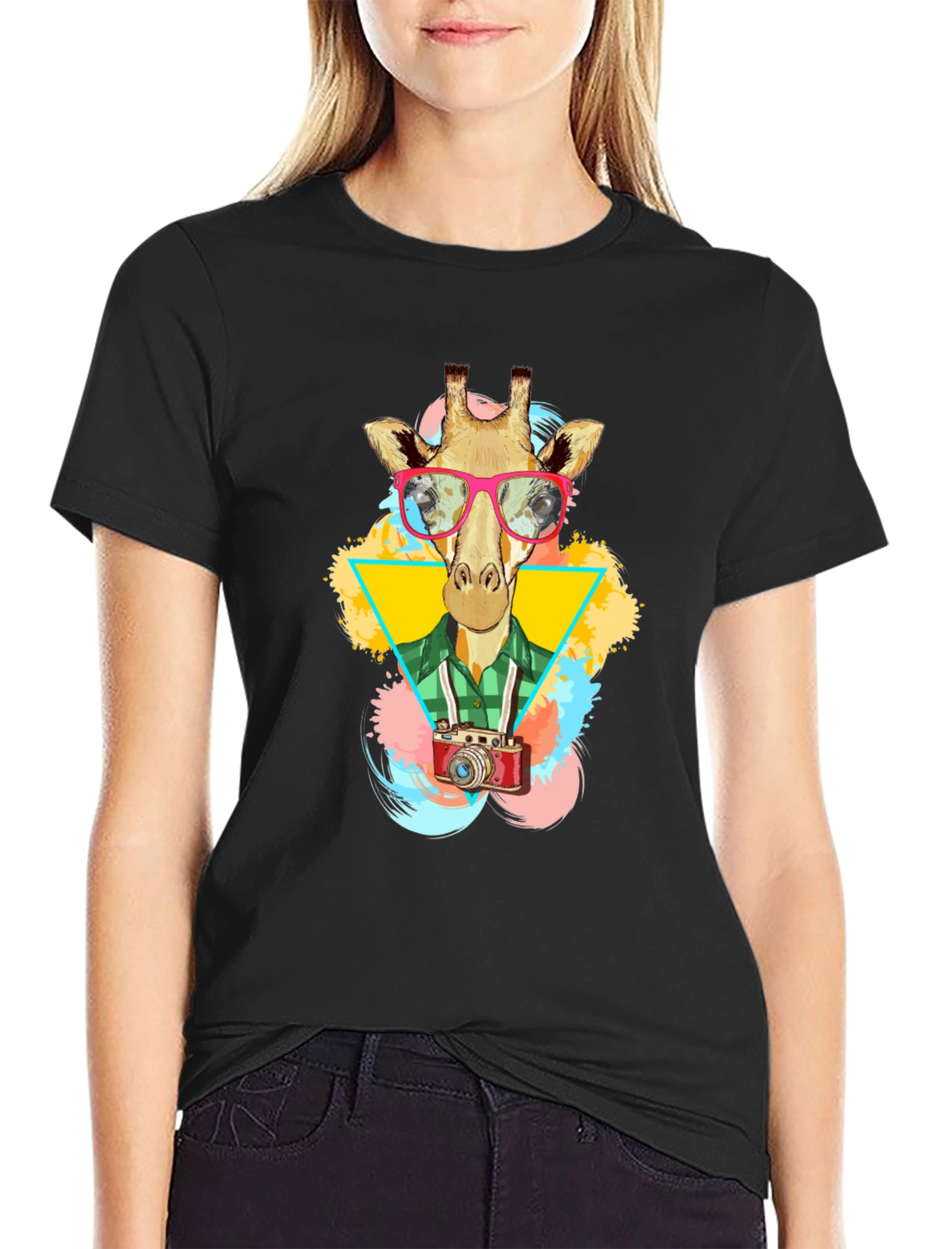 Giraffe Photographer Graphic T-Shirt - Mens Black Tee