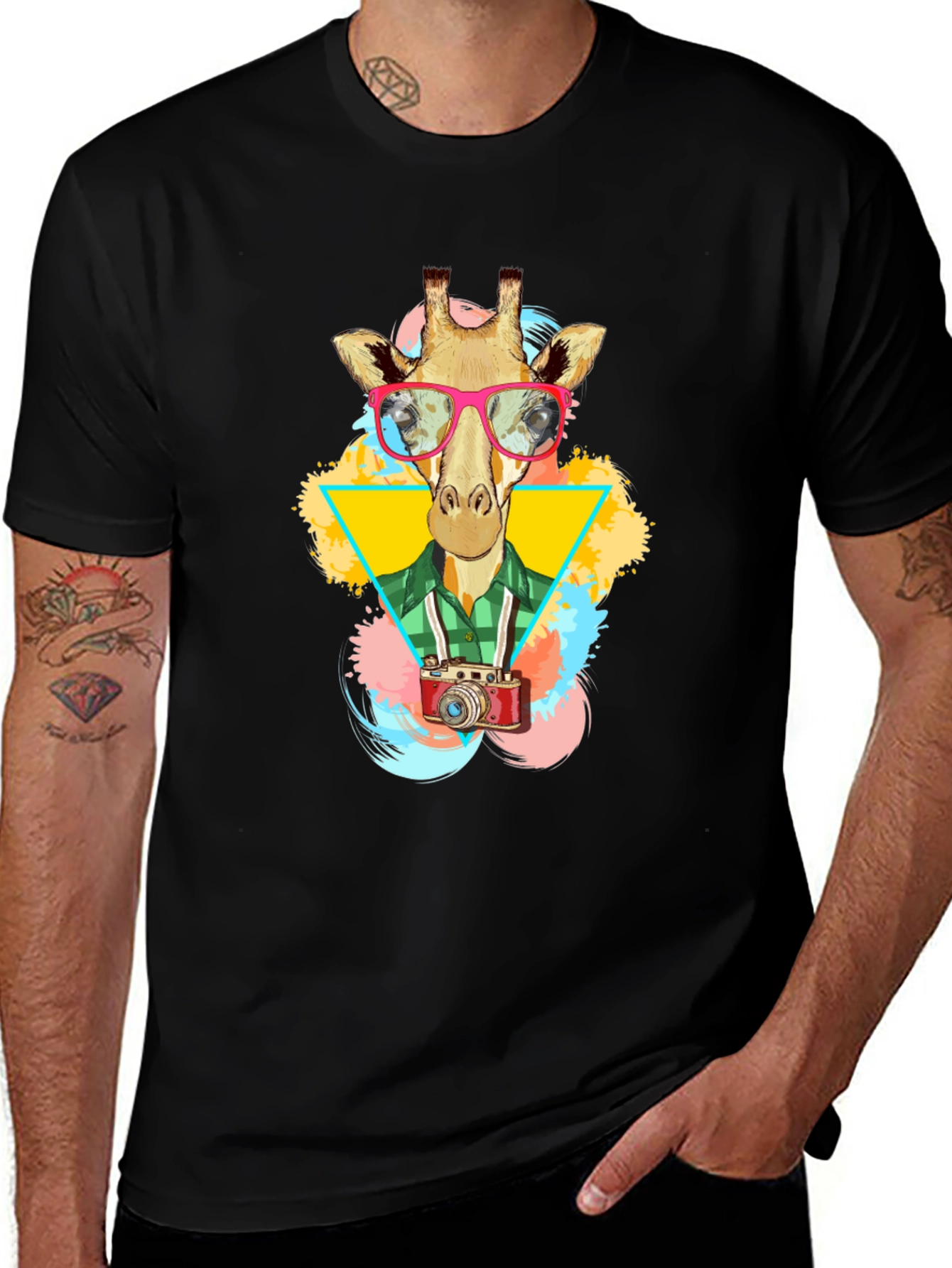 Giraffe Photographer Graphic T-Shirt - Mens Black Tee
