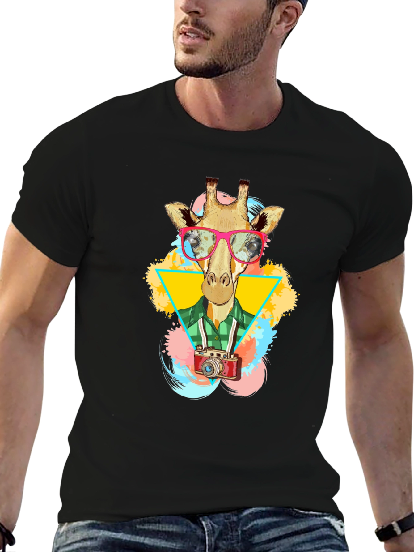 Giraffe Photographer Graphic T-Shirt - Mens Black Tee