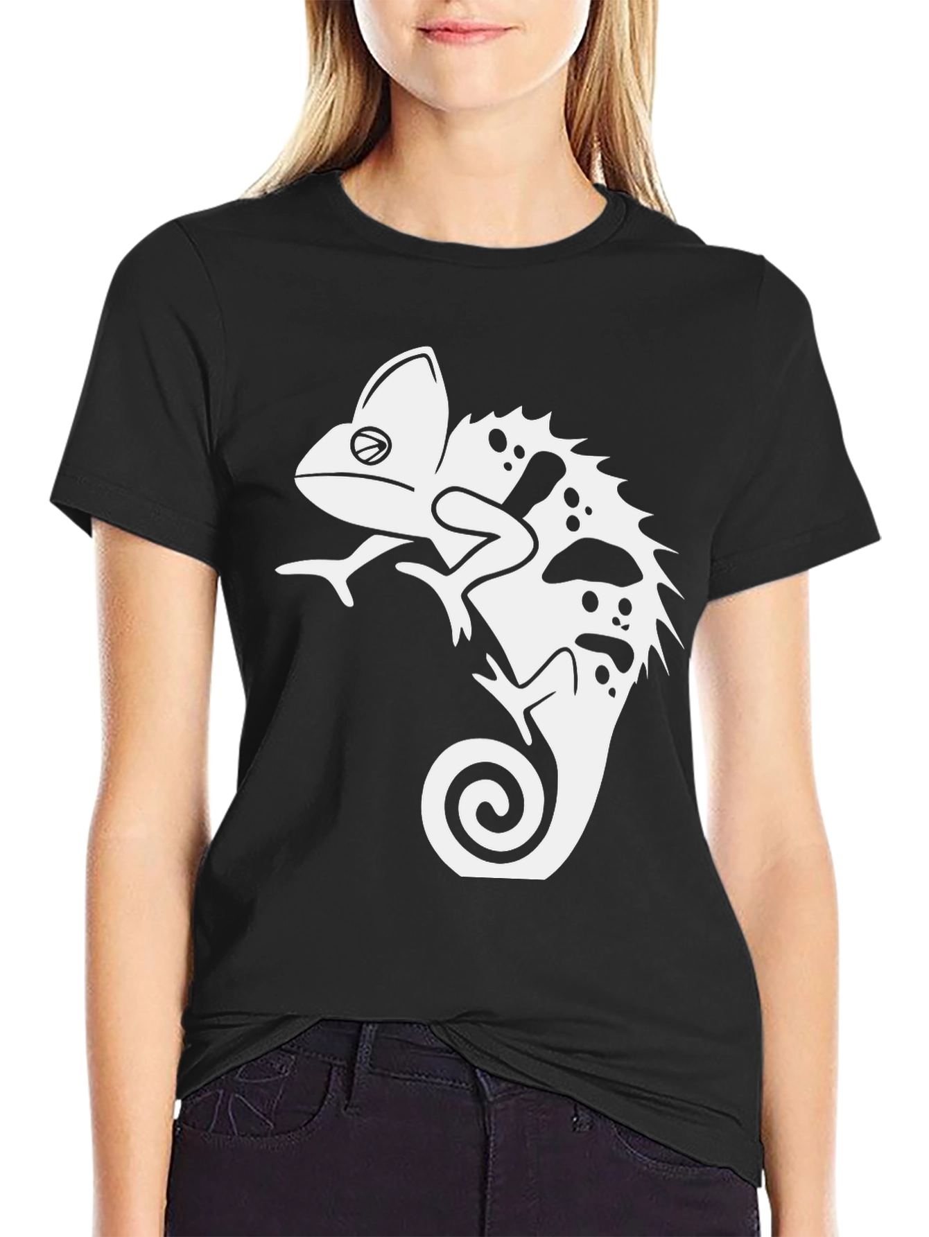 Black T-Shirt with Chameleon Graphic Print