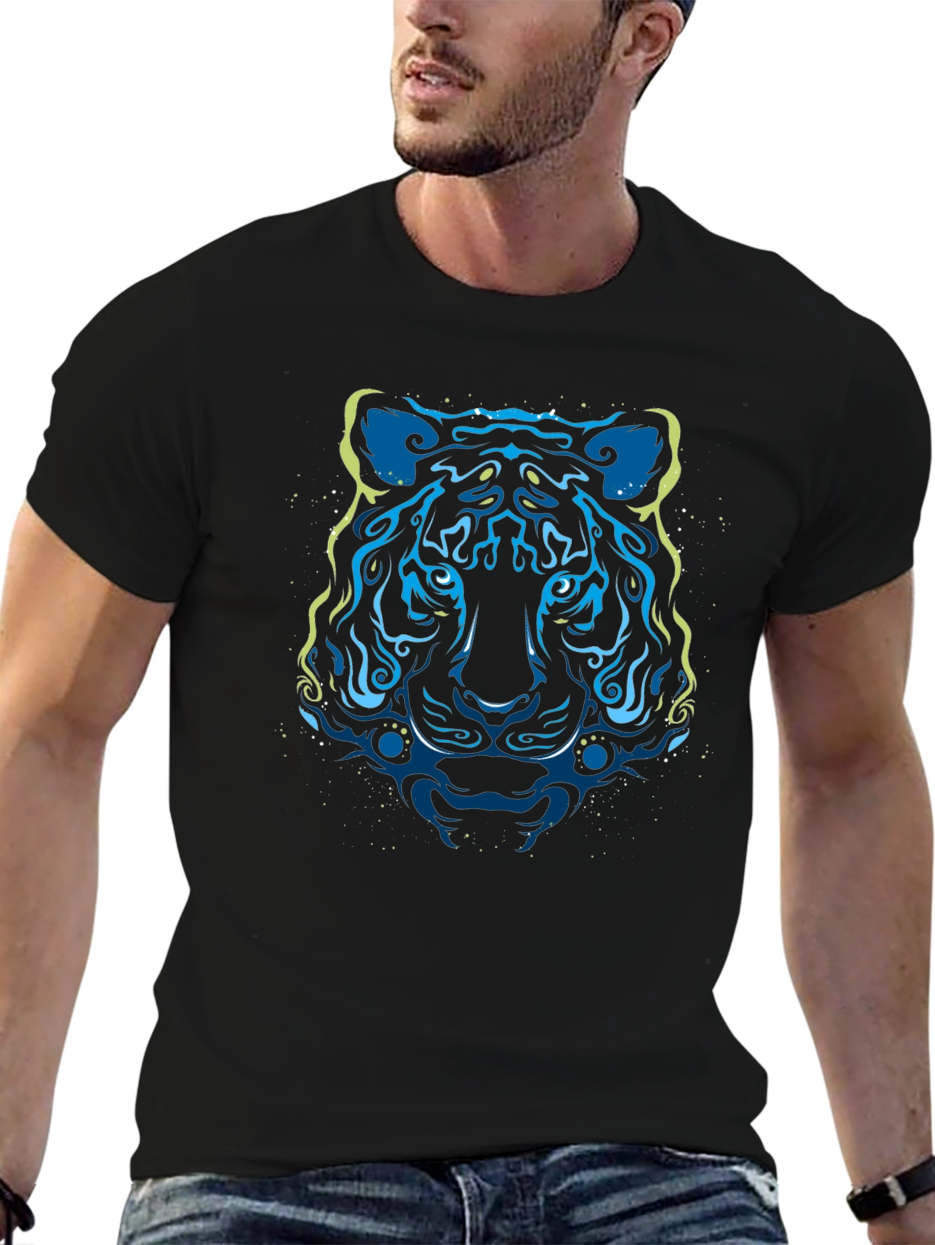 Abstract Tiger Graphic Tee - Stylish Mens Black T-Shirt
