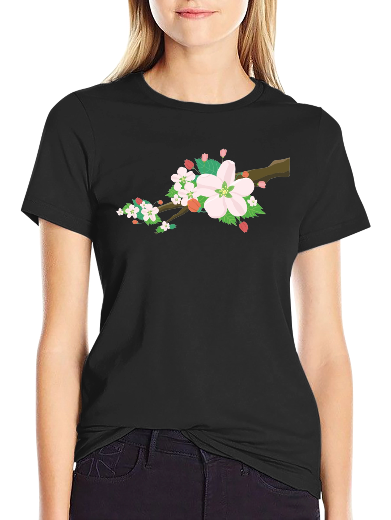 Cherry Blossom Graphic Tee - Black Cotton Blend