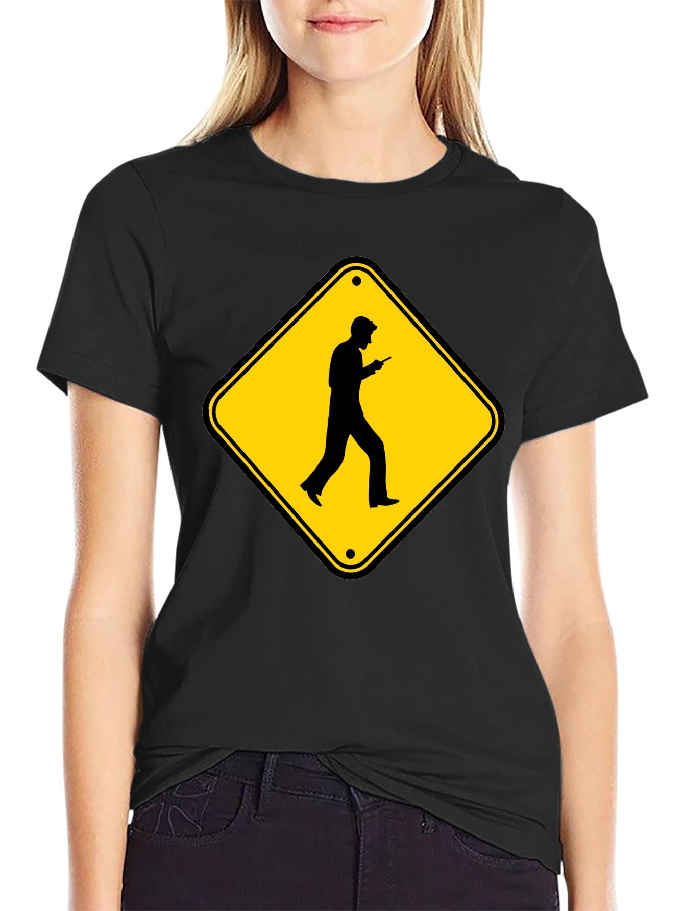 Caution Cellphone Walker Black T-Shirt