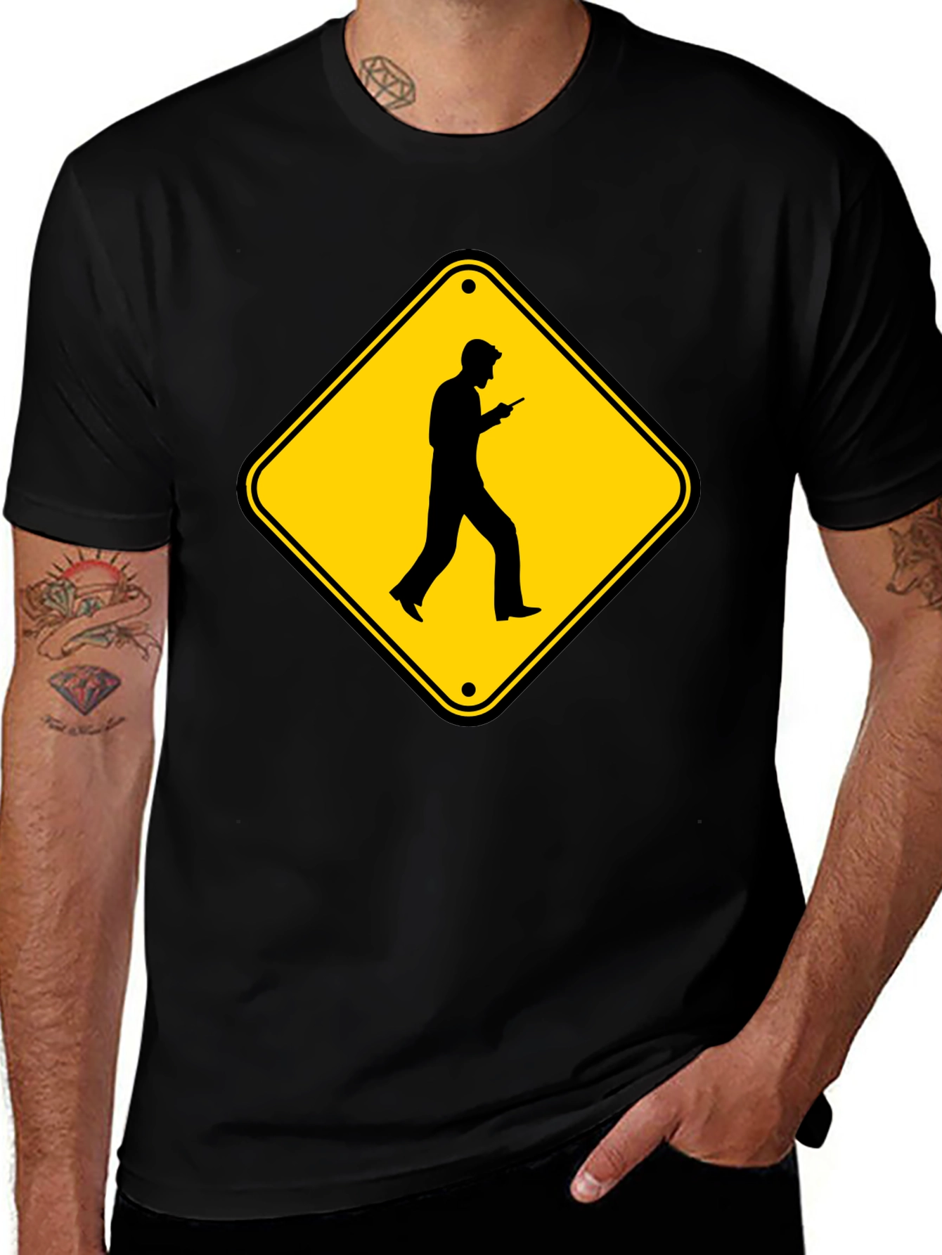 Caution Cellphone Walker Black T-Shirt