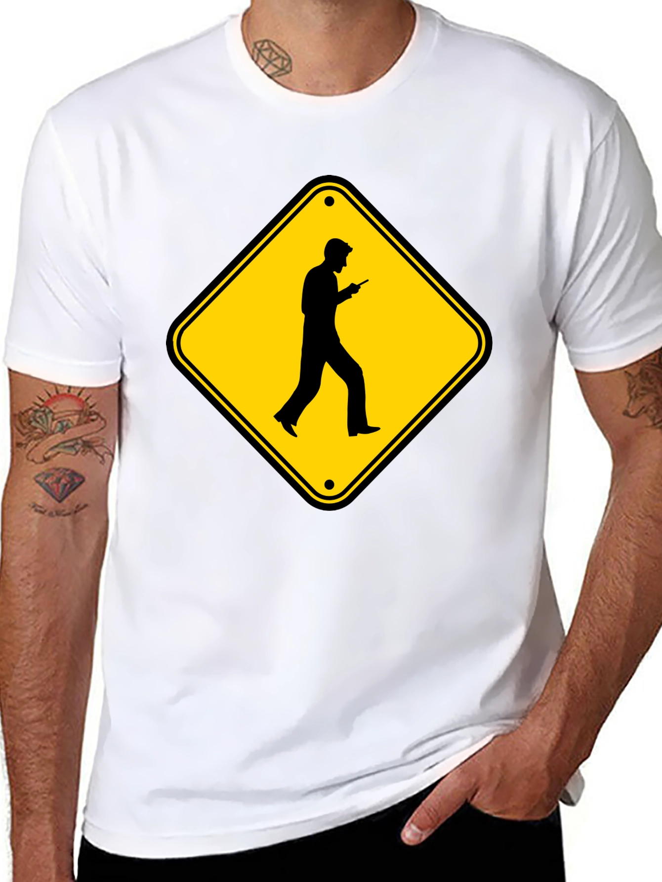 Caution Cellphone Walker Black T-Shirt