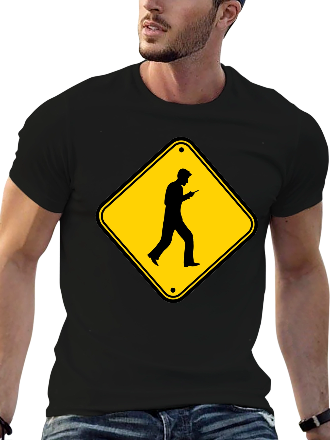 Caution Cellphone Walker Black T-Shirt