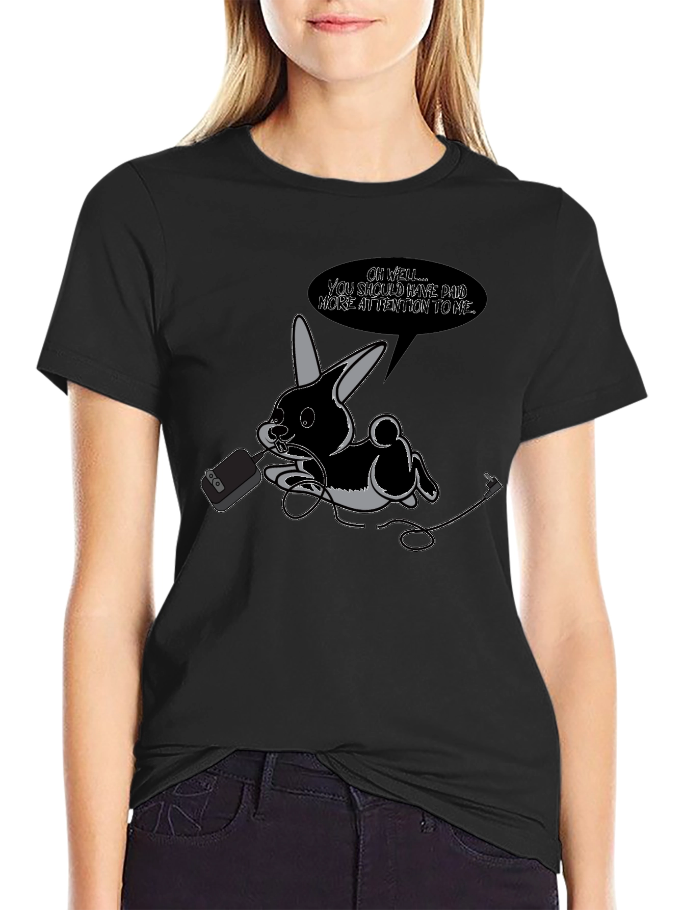 Quirky Bunny Graphic Tee - Black Cotton T-Shirt