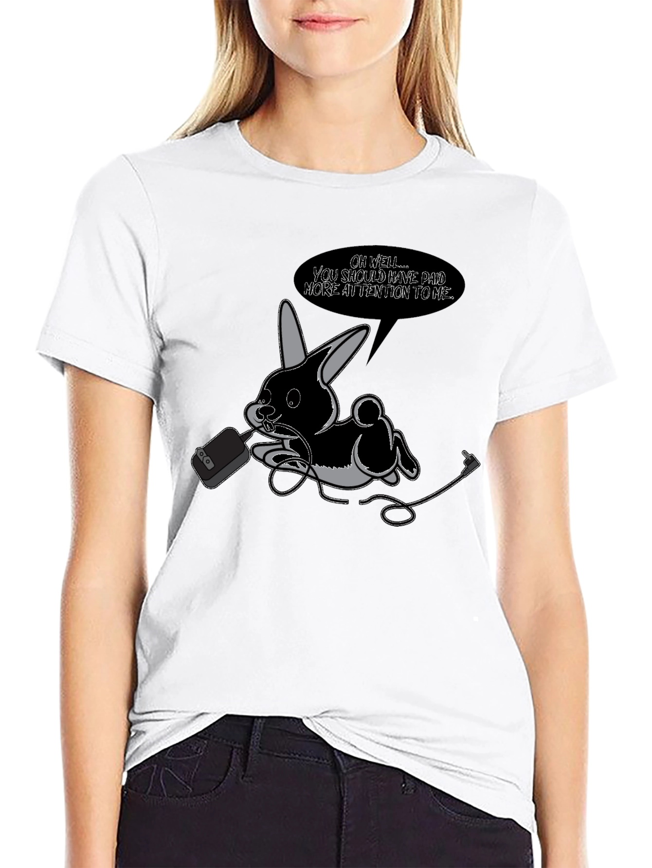 Quirky Bunny Graphic Tee - Black Cotton T-Shirt