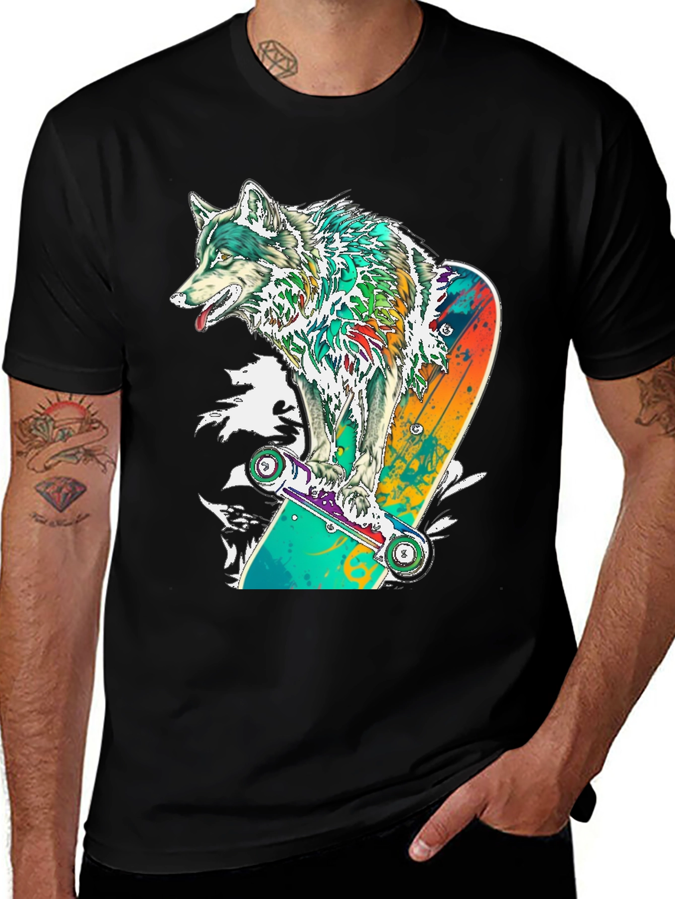 Wolf Skateboarder Graphic Black T-Shirt
