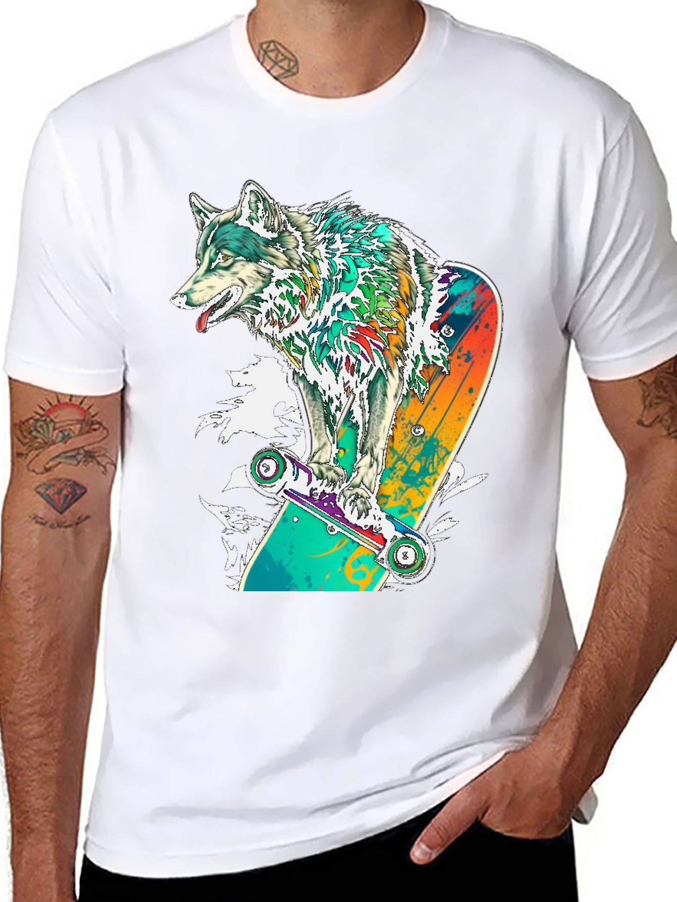 Wolf Skateboarder Graphic Black T-Shirt