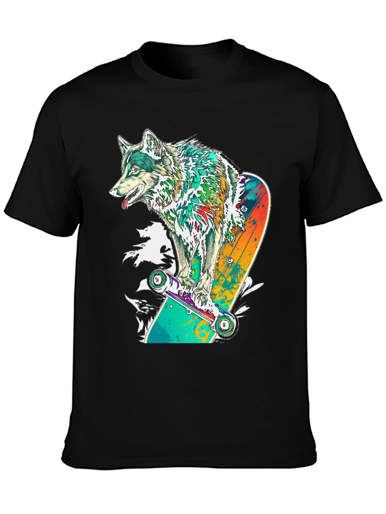 Wolf Skateboarder Graphic Black T-Shirt