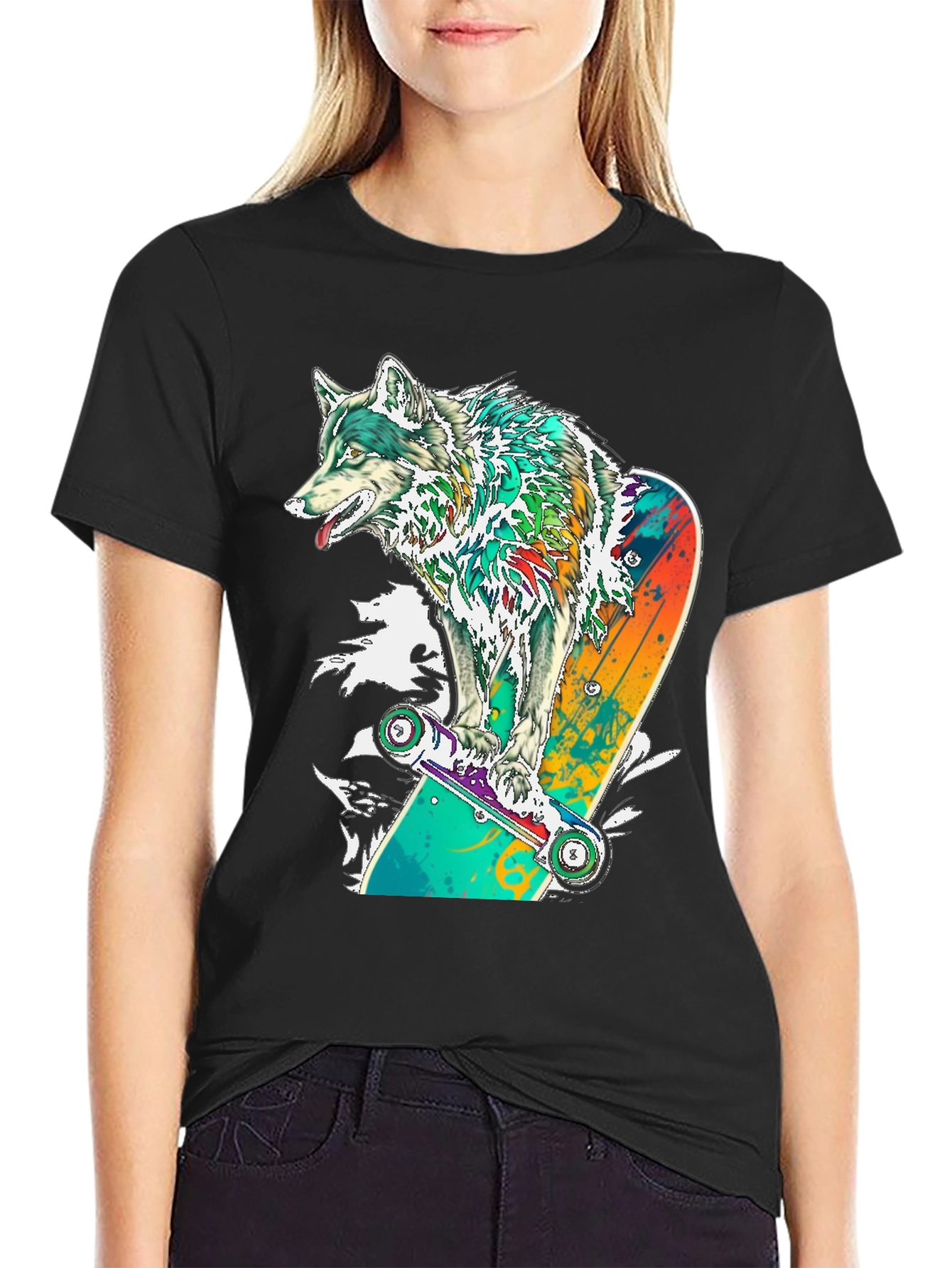 Wolf Skateboarder Graphic Black T-Shirt