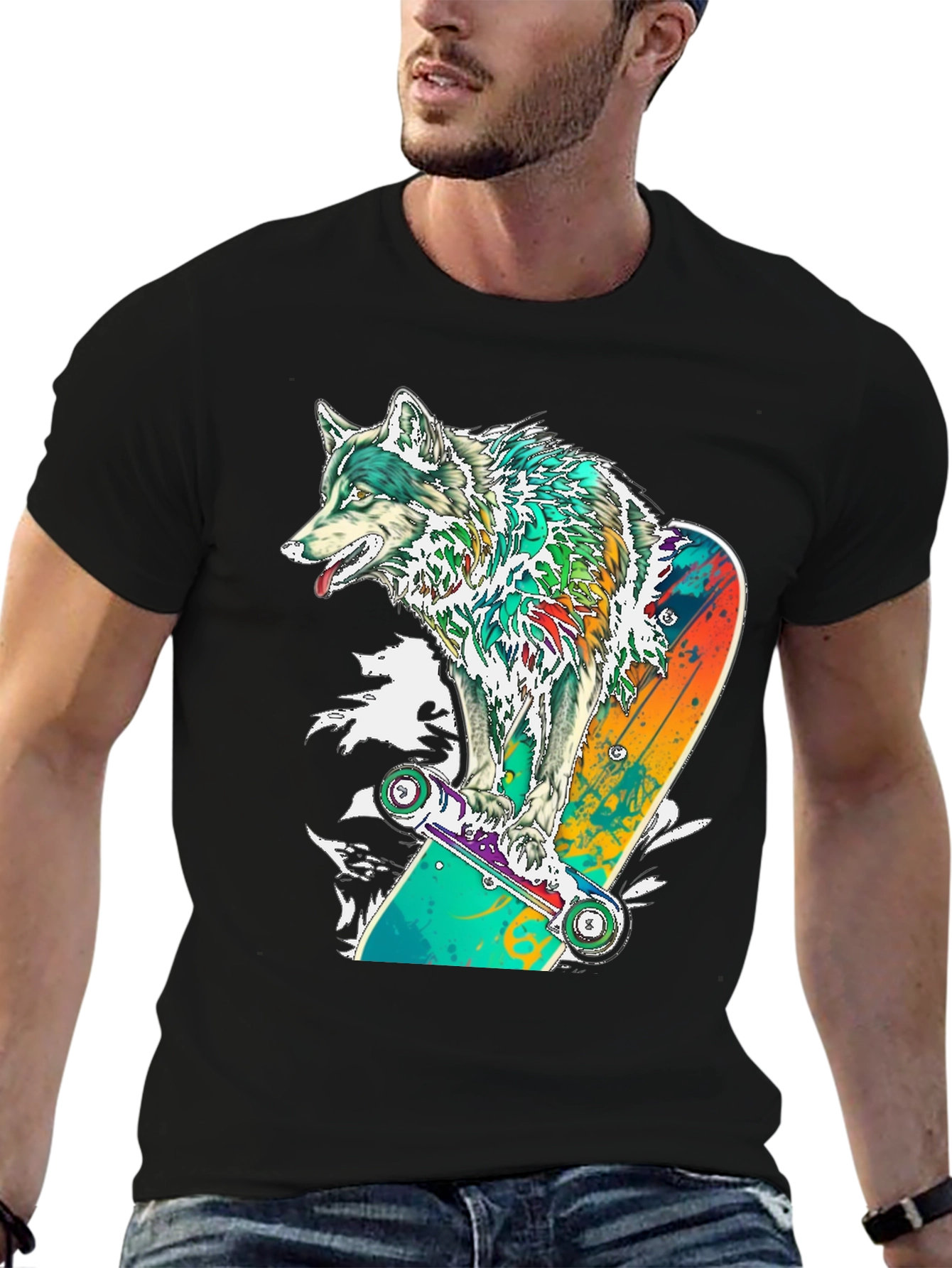 Wolf Skateboarder Graphic Black T-Shirt