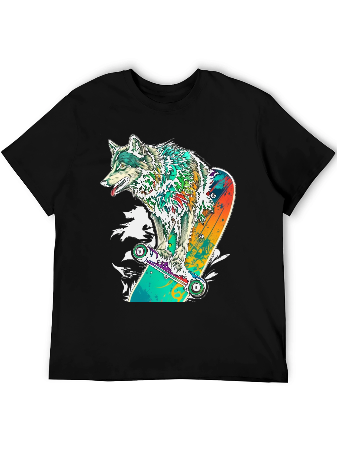 Wolf Skateboarder Graphic Black T-Shirt