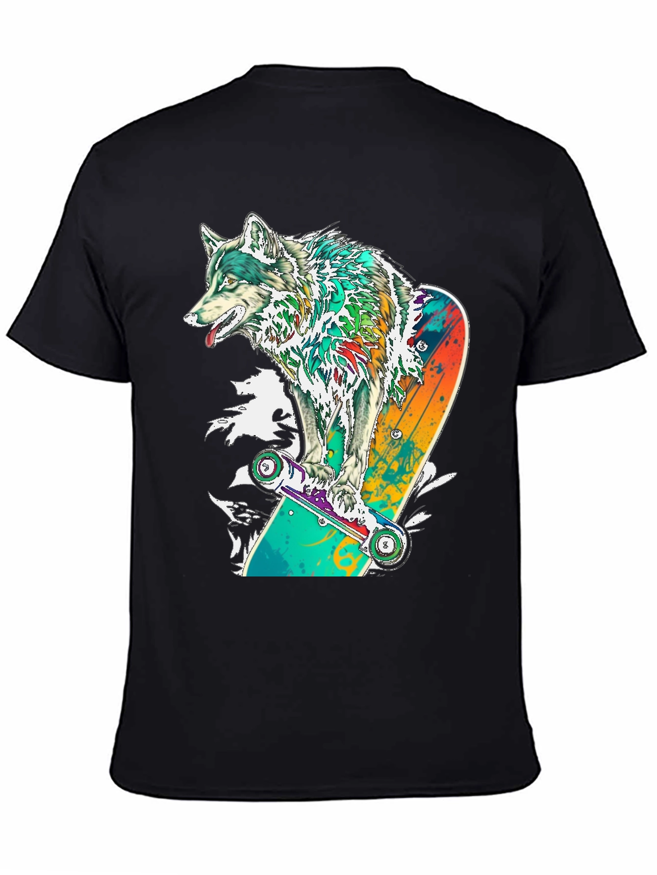Wolf Skateboarder Graphic Black T-Shirt