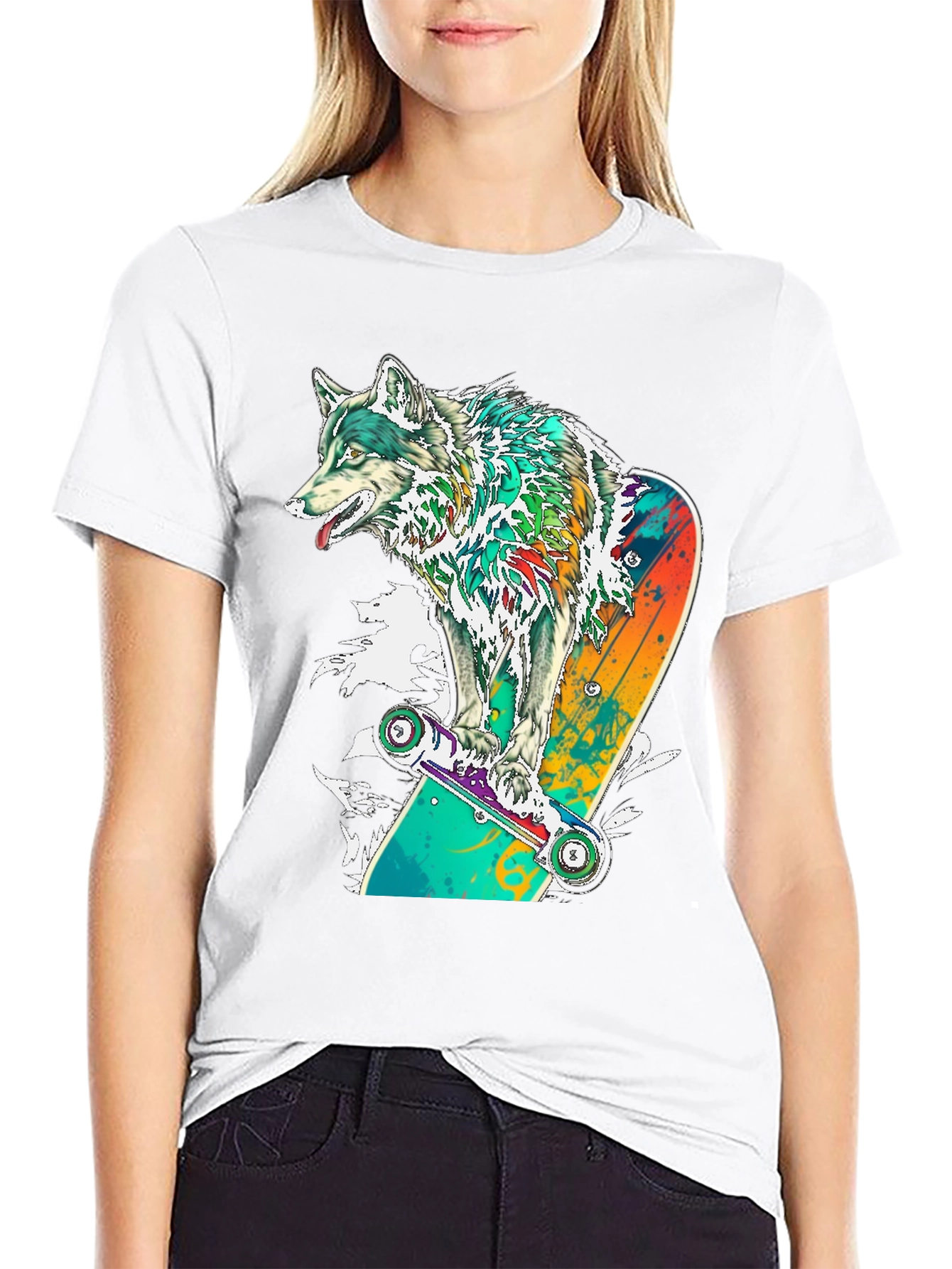 Wolf Skateboarder Graphic Black T-Shirt