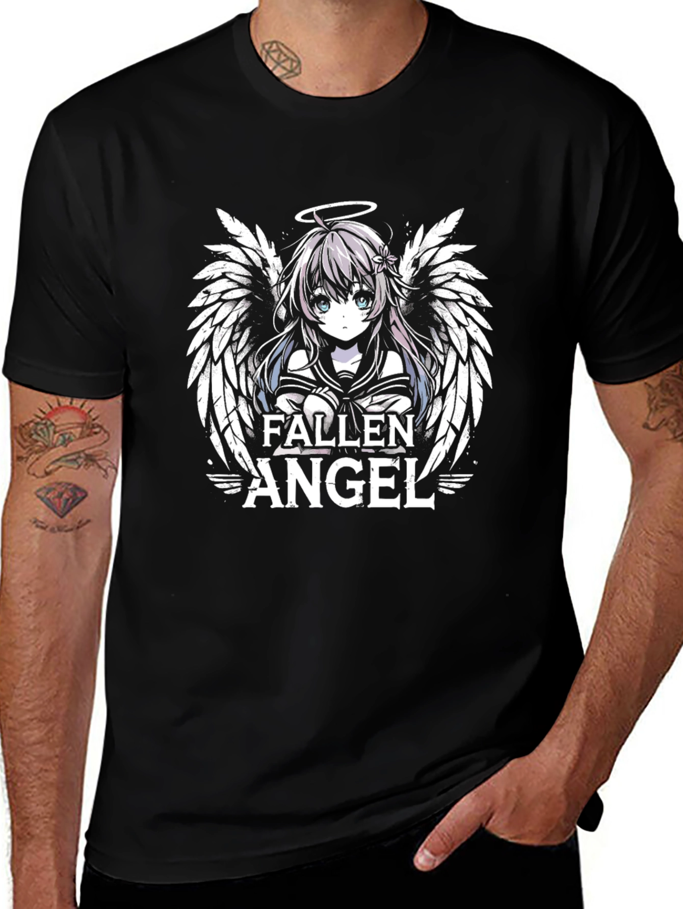 Fallen Angel Anime Graphic Print Black T-Shirt