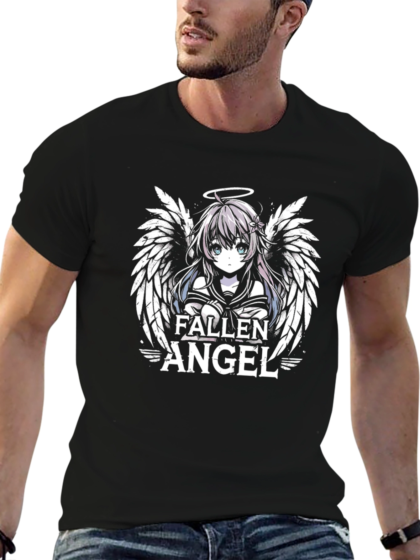 Fallen Angel Anime Graphic Print Black T-Shirt