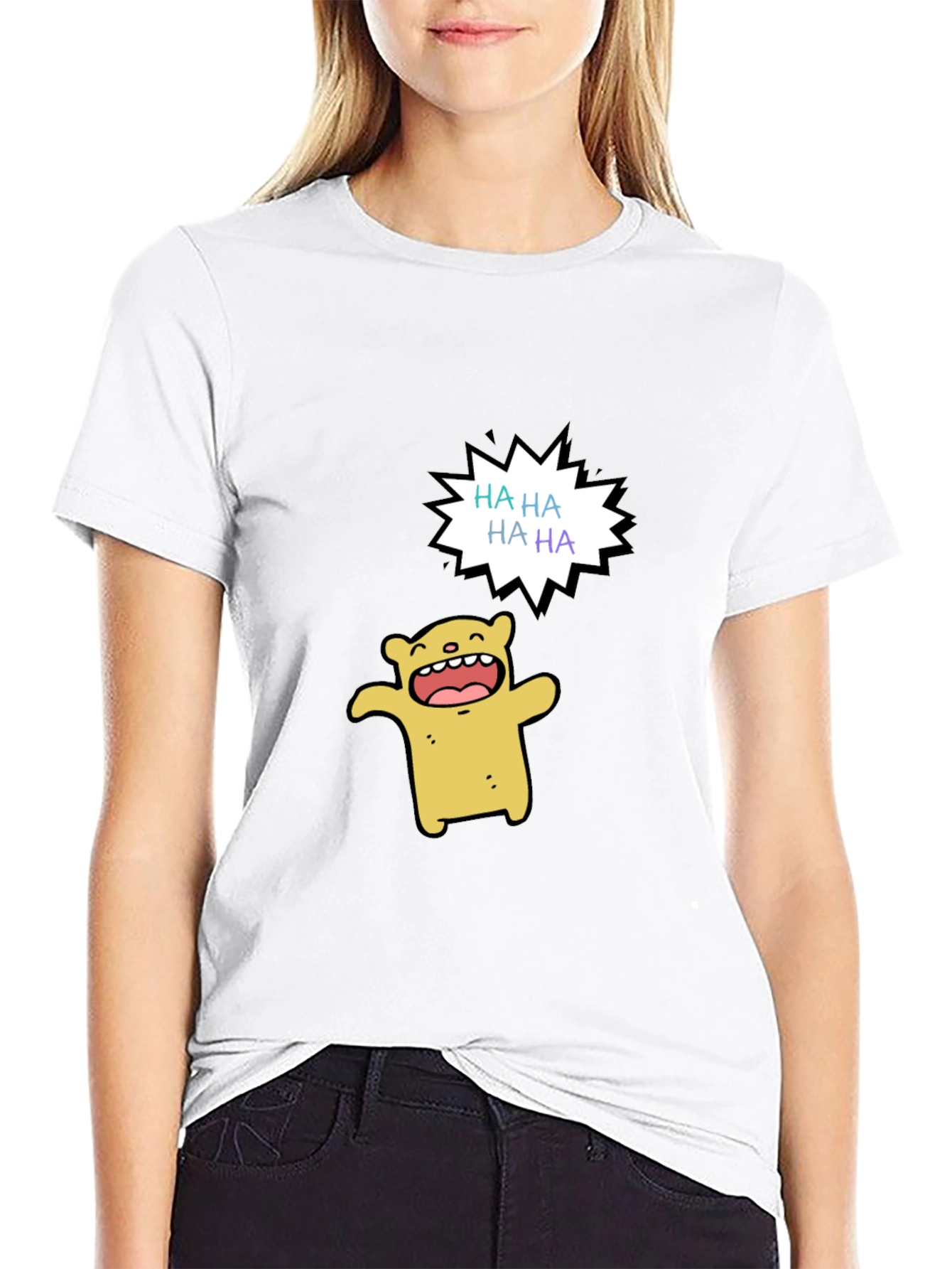Funny Cartoon Bear HAHA Graphic Black T-Shirt