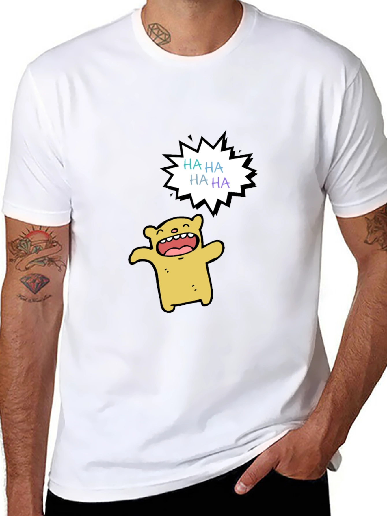 Funny Cartoon Bear HAHA Graphic Black T-Shirt