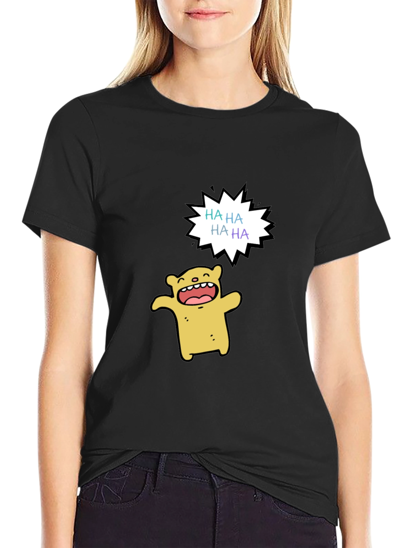 Funny Cartoon Bear HAHA Graphic Black T-Shirt