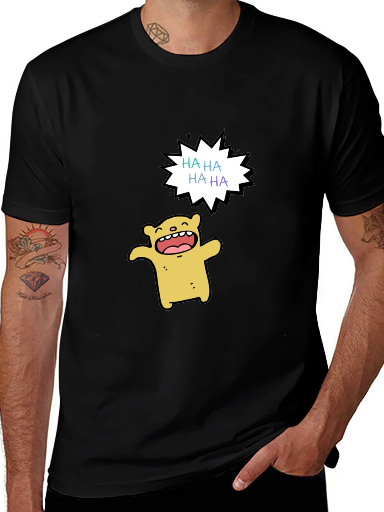 Funny Cartoon Bear HAHA Graphic Black T-Shirt