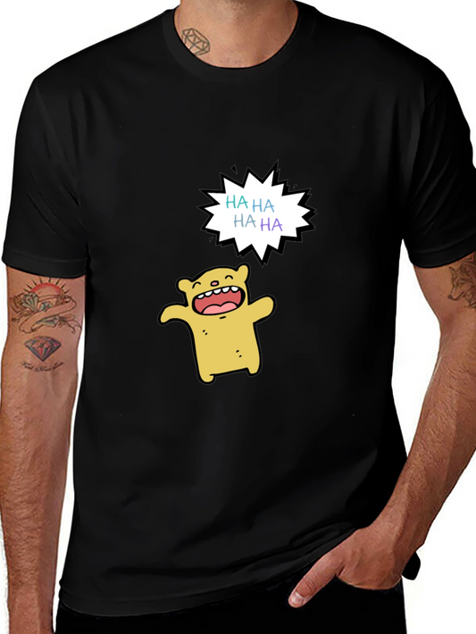 Funny Cartoon Bear HAHA Graphic Black T-Shirt