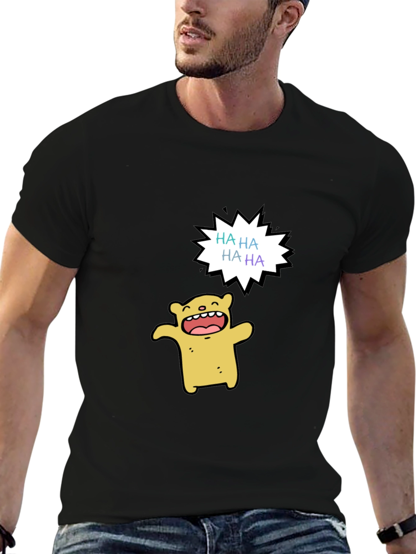 Funny Cartoon Bear HAHA Graphic Black T-Shirt