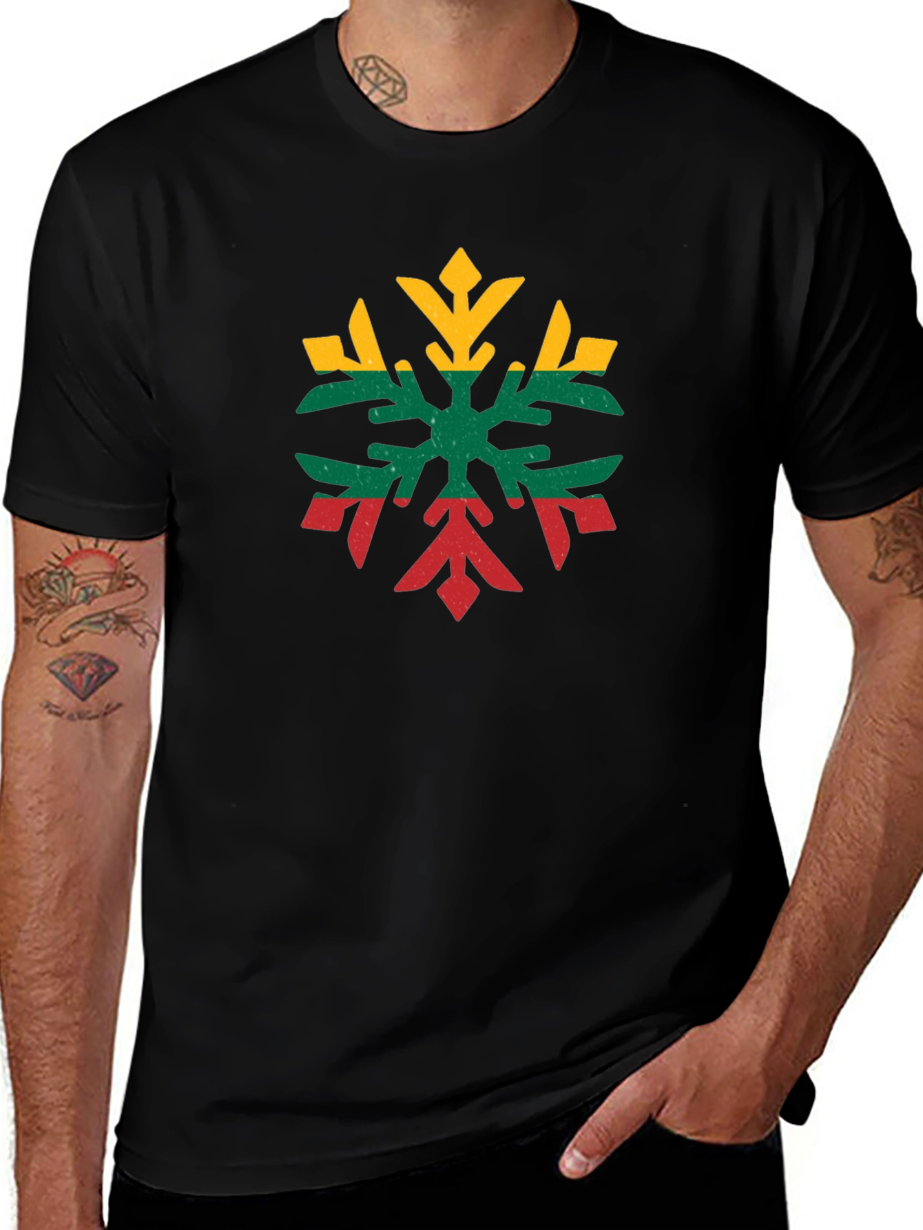 Lithuanian Flag Snowflake Black T-Shirt