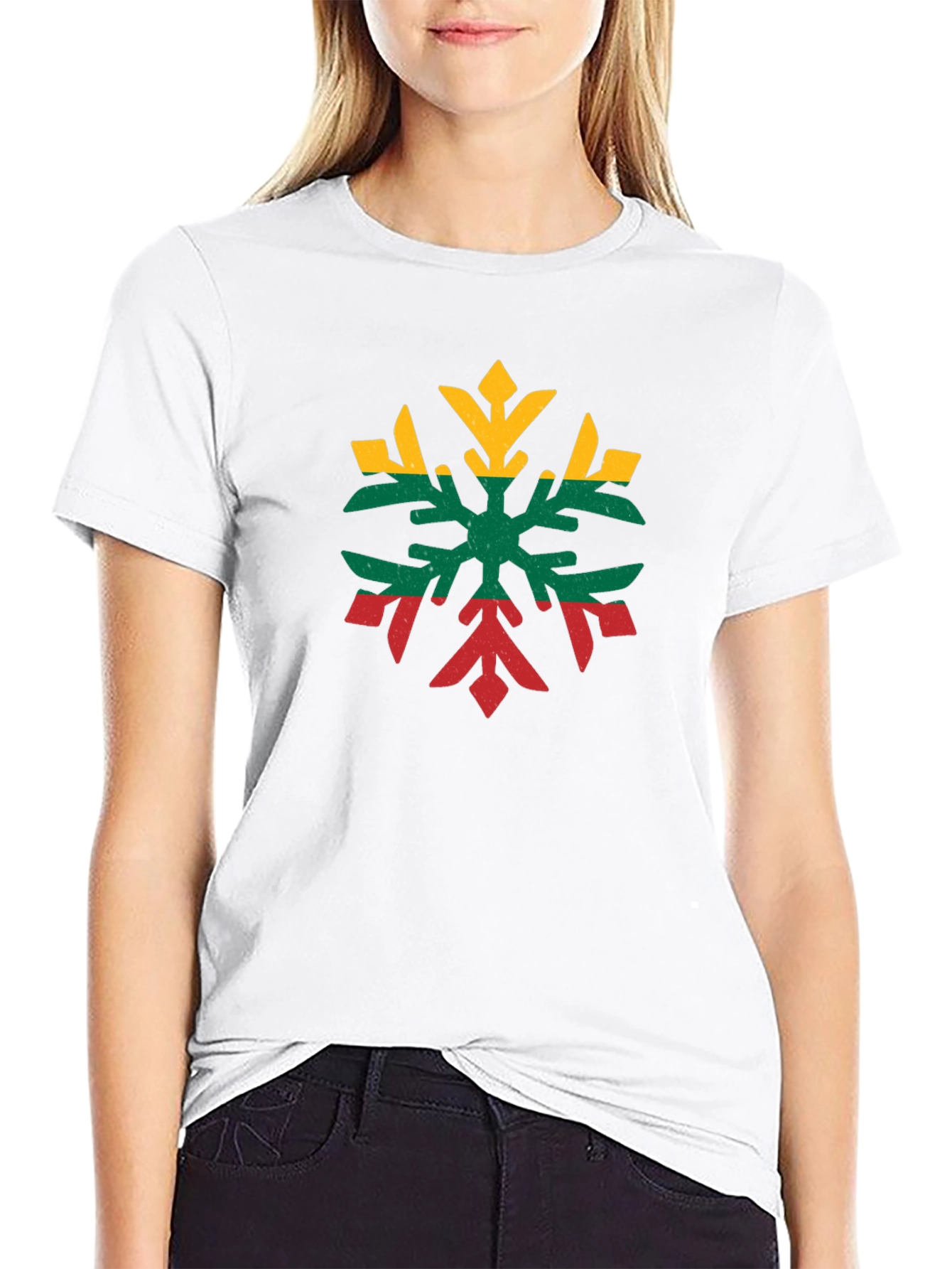 Lithuanian Flag Snowflake Black T-Shirt
