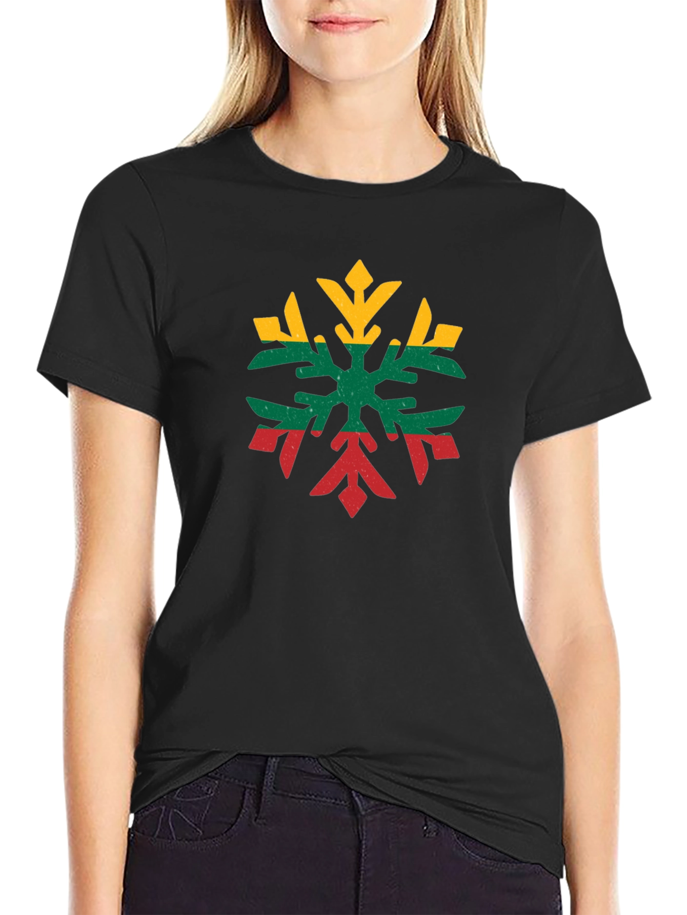 Lithuanian Flag Snowflake Black T-Shirt