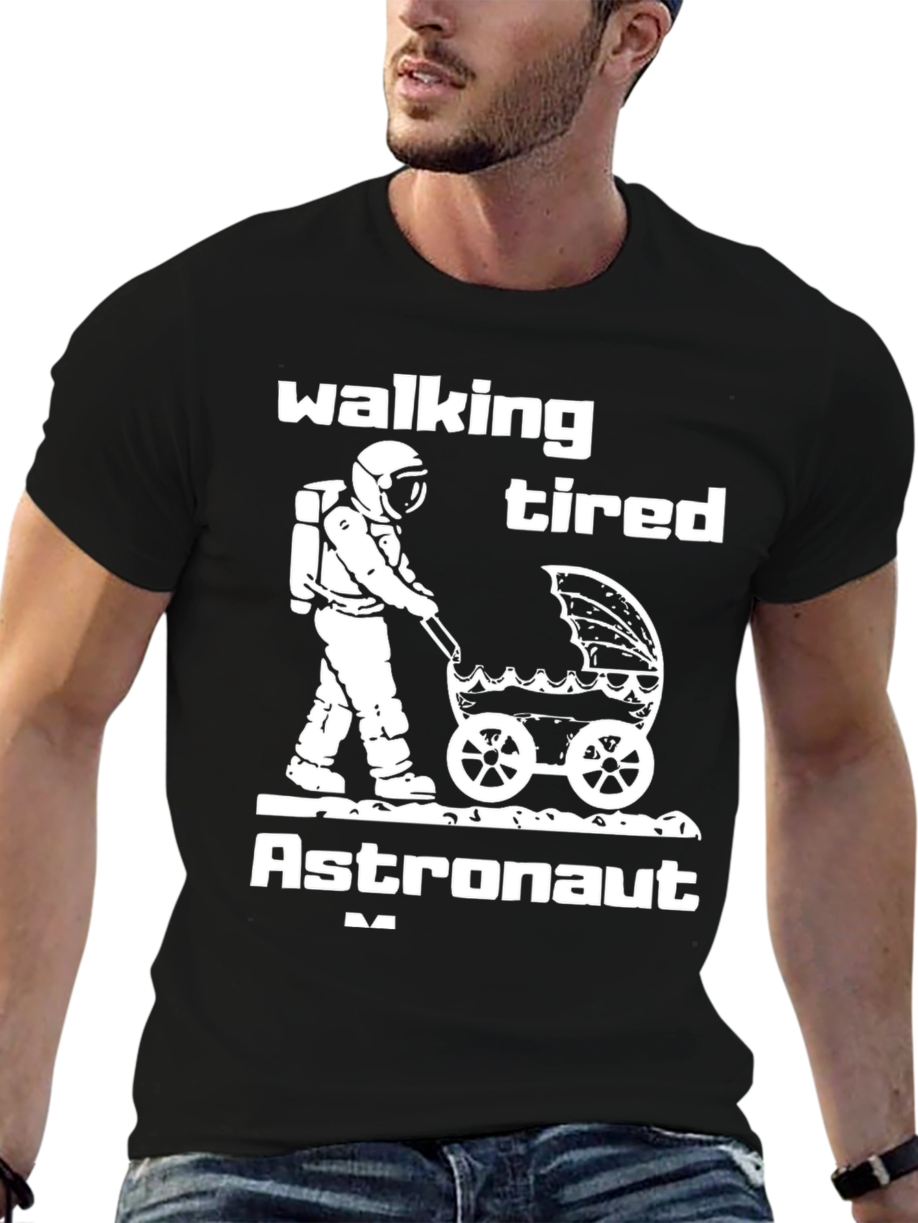 Walking Tired Astronaut Graphic T-Shirt - Novelty Space Tee