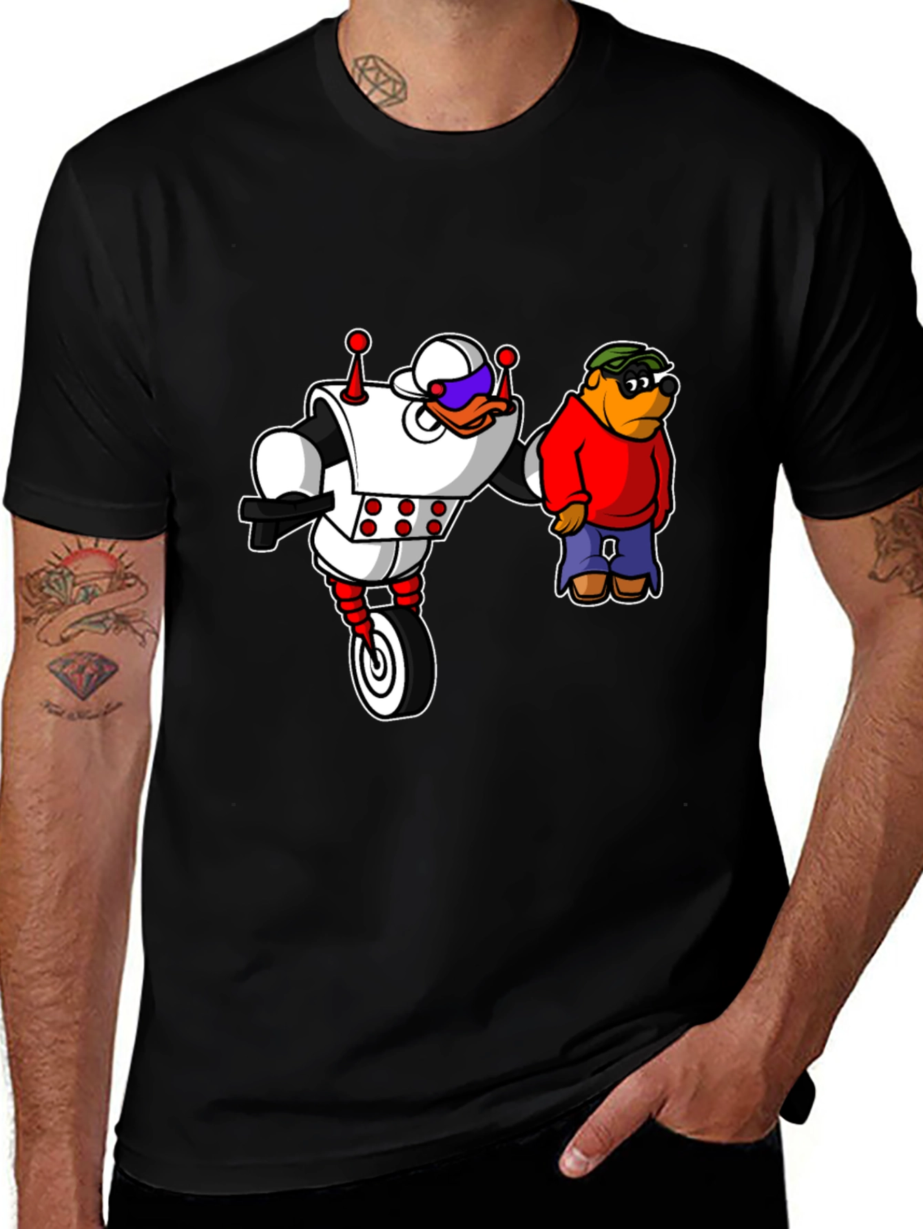 Robot Duck and Cartoon Bear Graphic T-Shirt