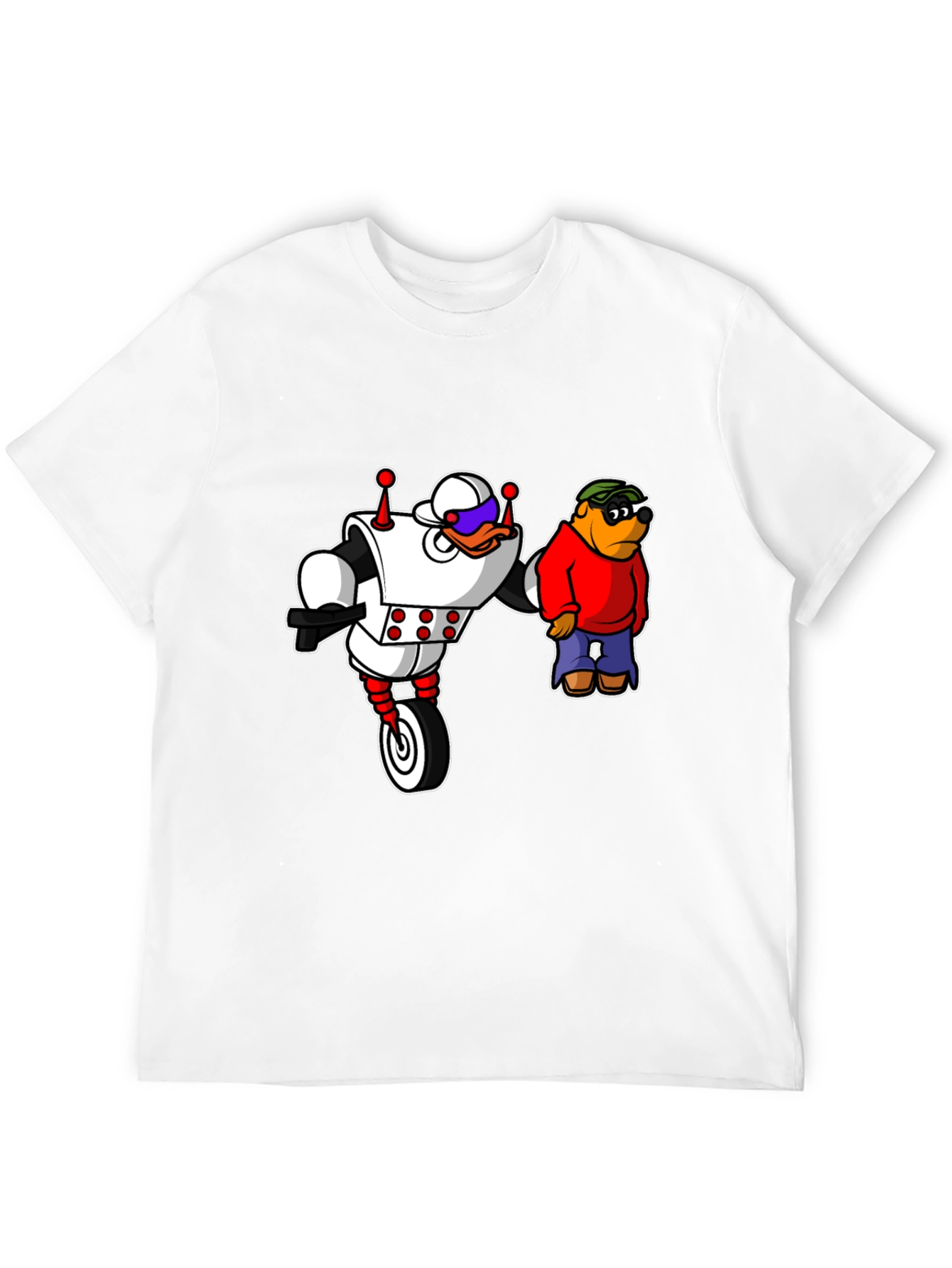Robot Duck and Cartoon Bear Graphic T-Shirt