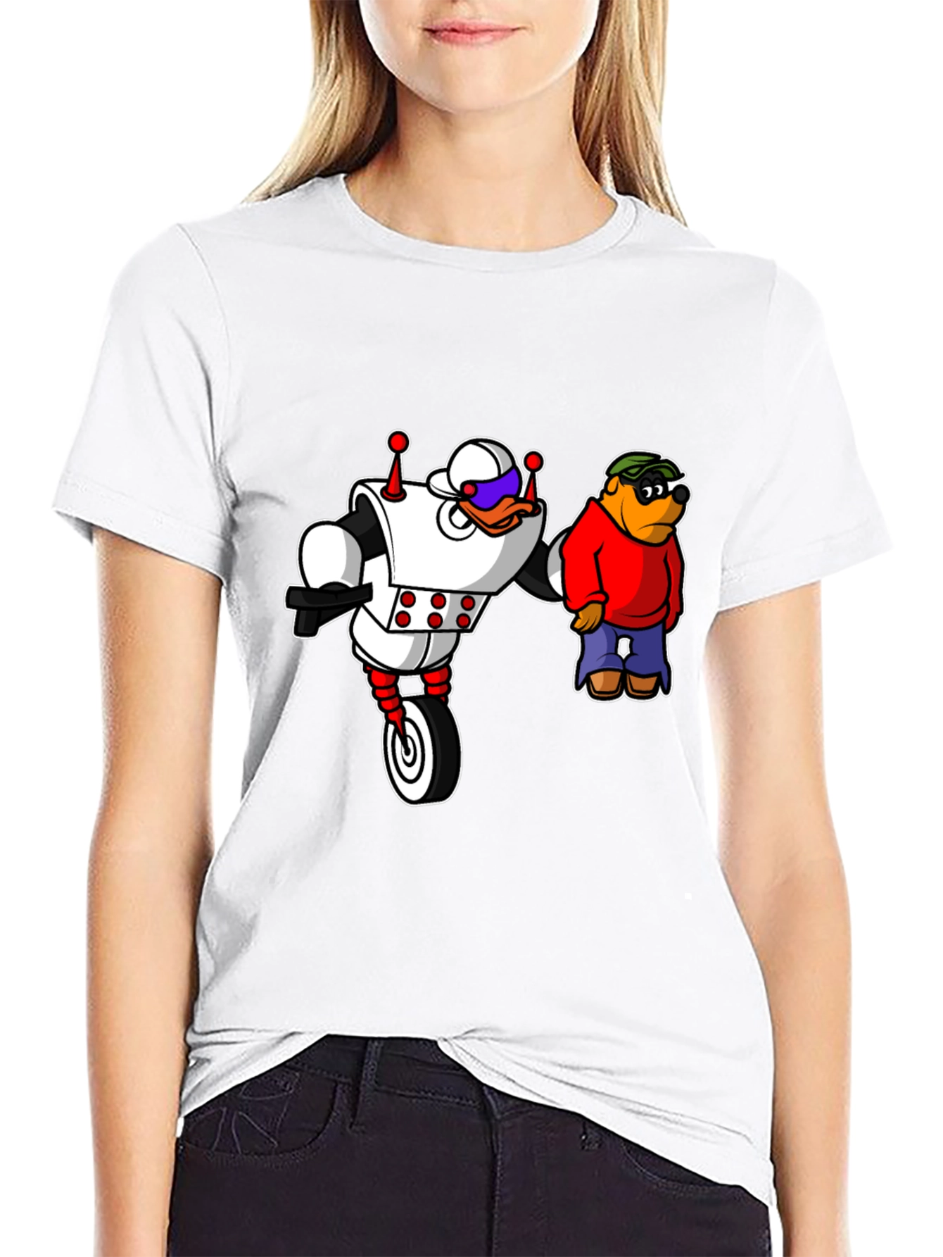 Robot Duck and Cartoon Bear Graphic T-Shirt