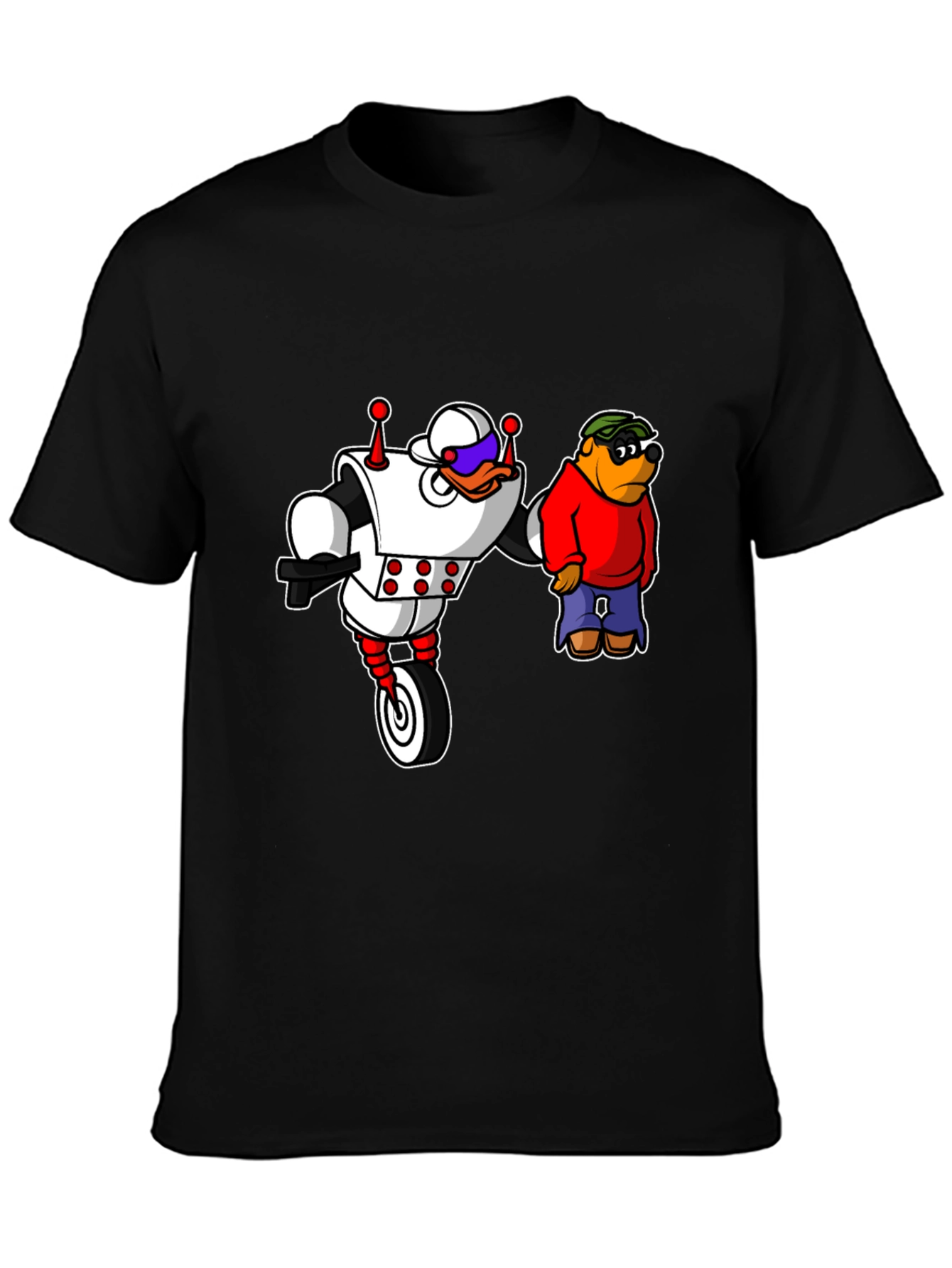 Robot Duck and Cartoon Bear Graphic T-Shirt