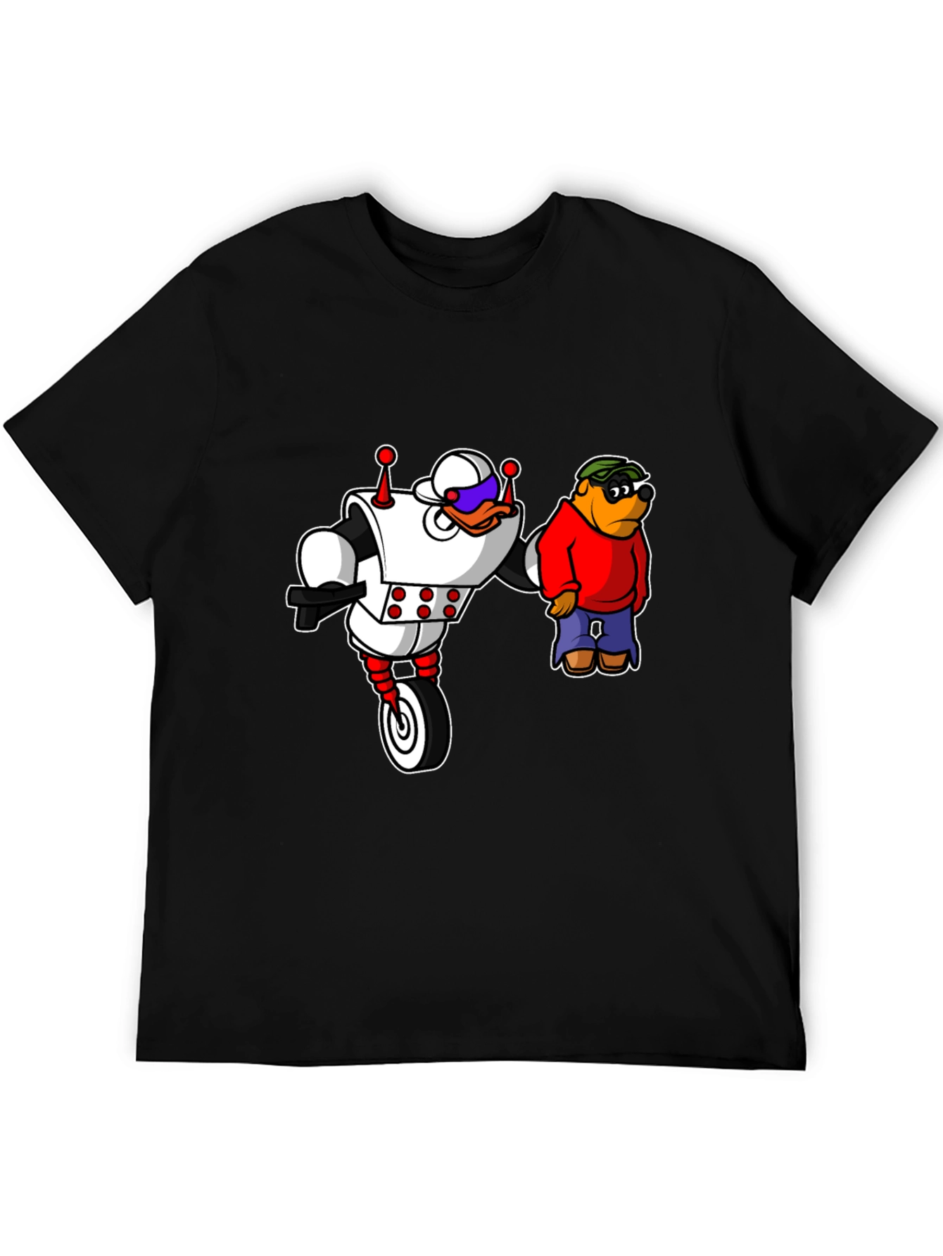 Robot Duck and Cartoon Bear Graphic T-Shirt
