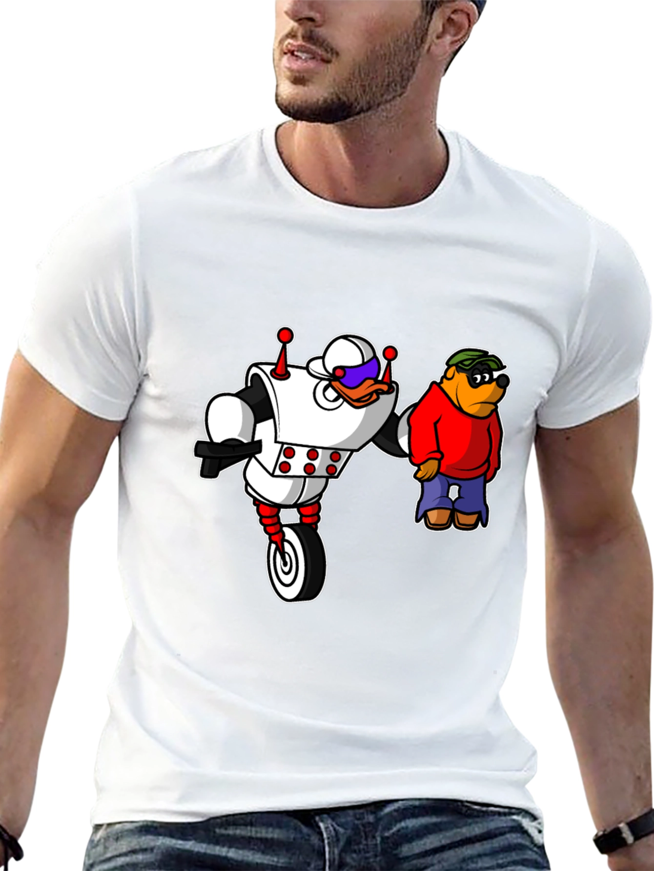 Robot Duck and Cartoon Bear Graphic T-Shirt