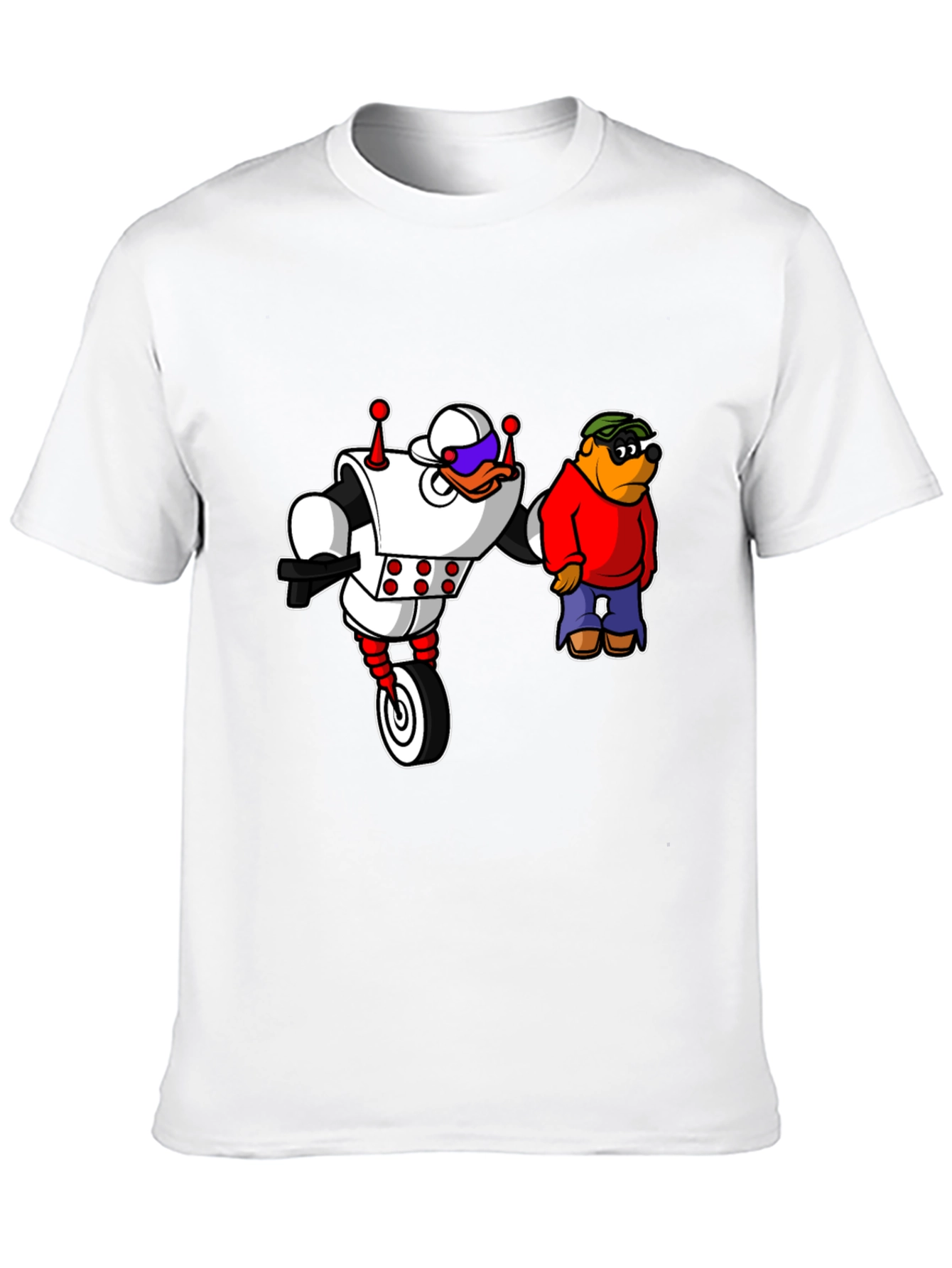 Robot Duck and Cartoon Bear Graphic T-Shirt