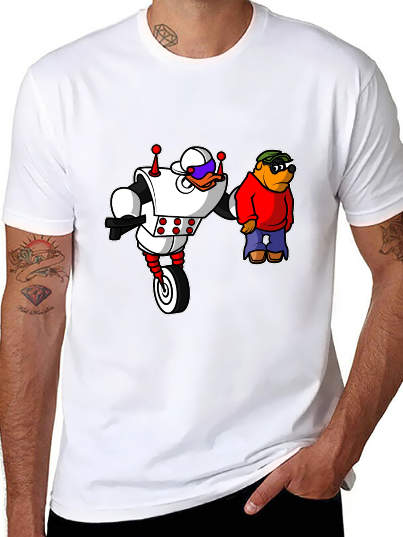 Robot Duck and Cartoon Bear Graphic T-Shirt