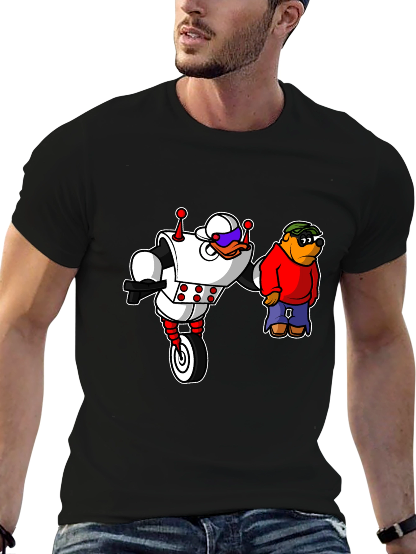 Robot Duck and Cartoon Bear Graphic T-Shirt
